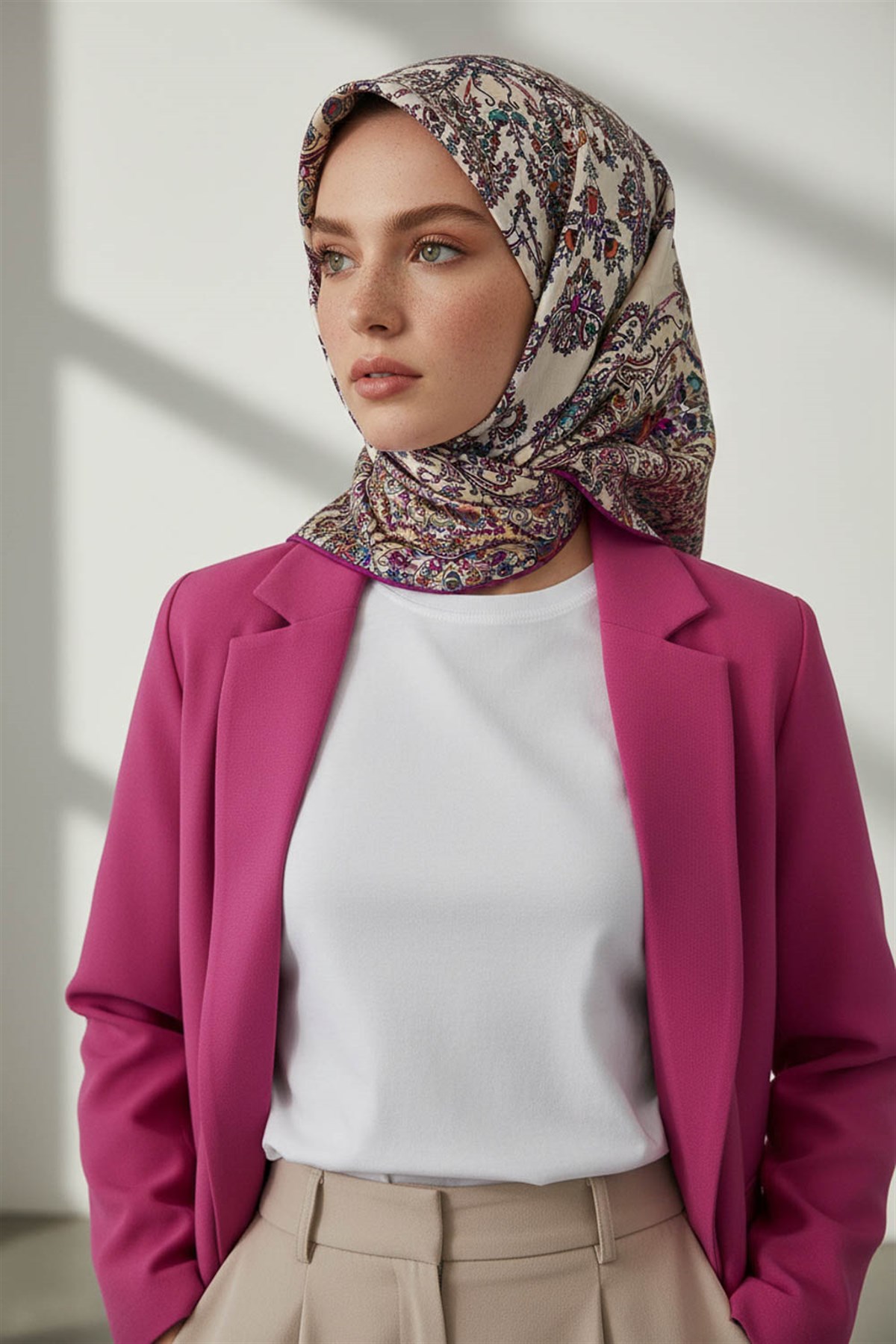 %100 Twill İpek Şal Desenli Krem - Mürdüm Renkli 90x90 Eşarp Dikim Şekli : El Dikişi
