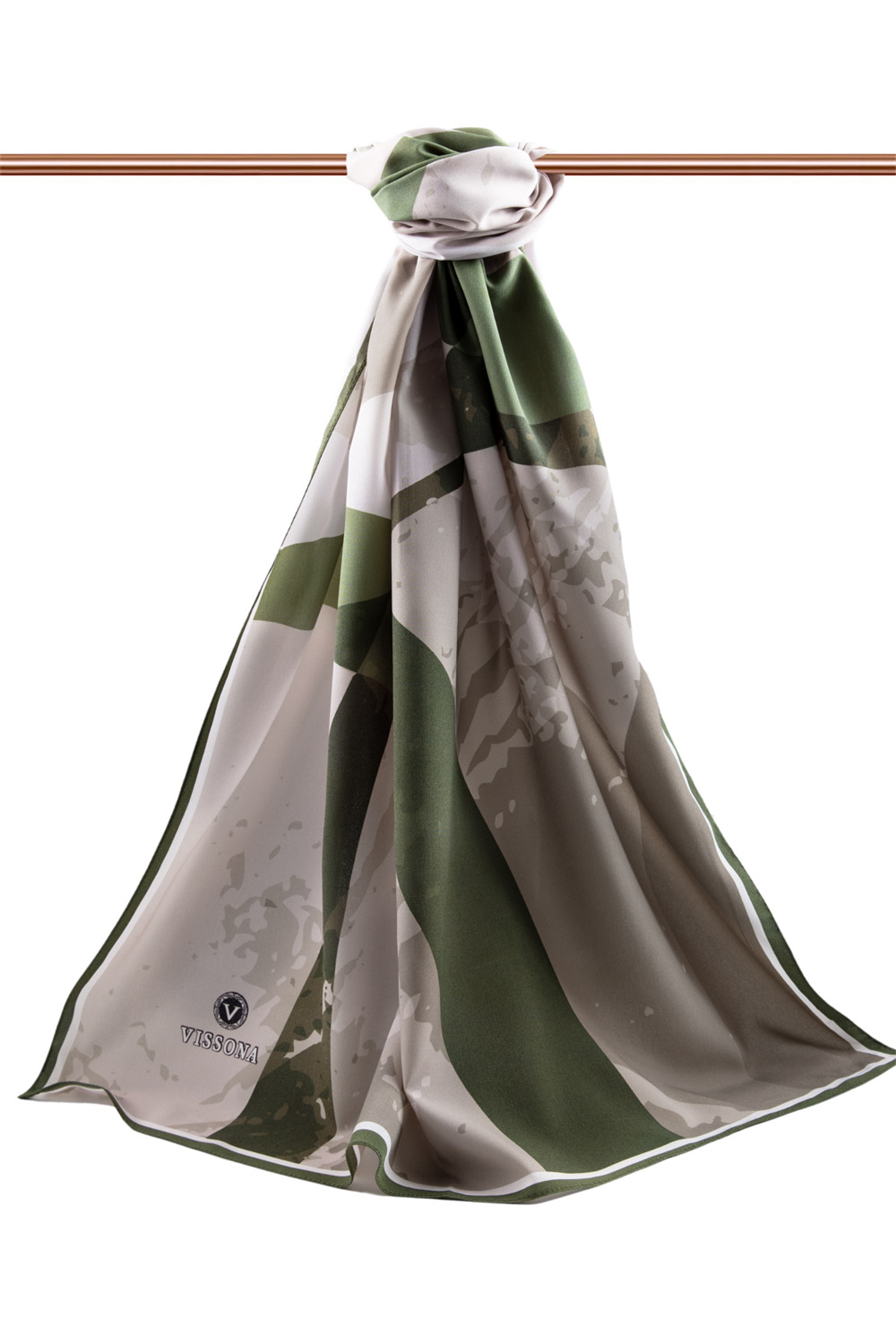 LÜKS MEDİNE GEOMETRİK DESENLİ BEJ - HAKİ RENKLİ 75X195 KIRIŞMAZ ŞAL MOSS KREP DİKİŞ TİPİ İTALYAN DİKİŞLİ