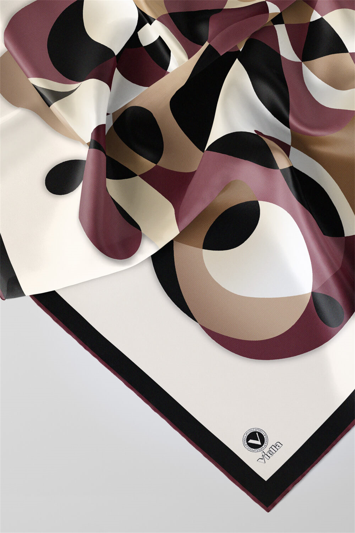 Twill Geometrik Desenli Mürdüm Renkli 90x90 Eşarp (İpek İçermez) Kenar Dikiş Şekli El Dikişli