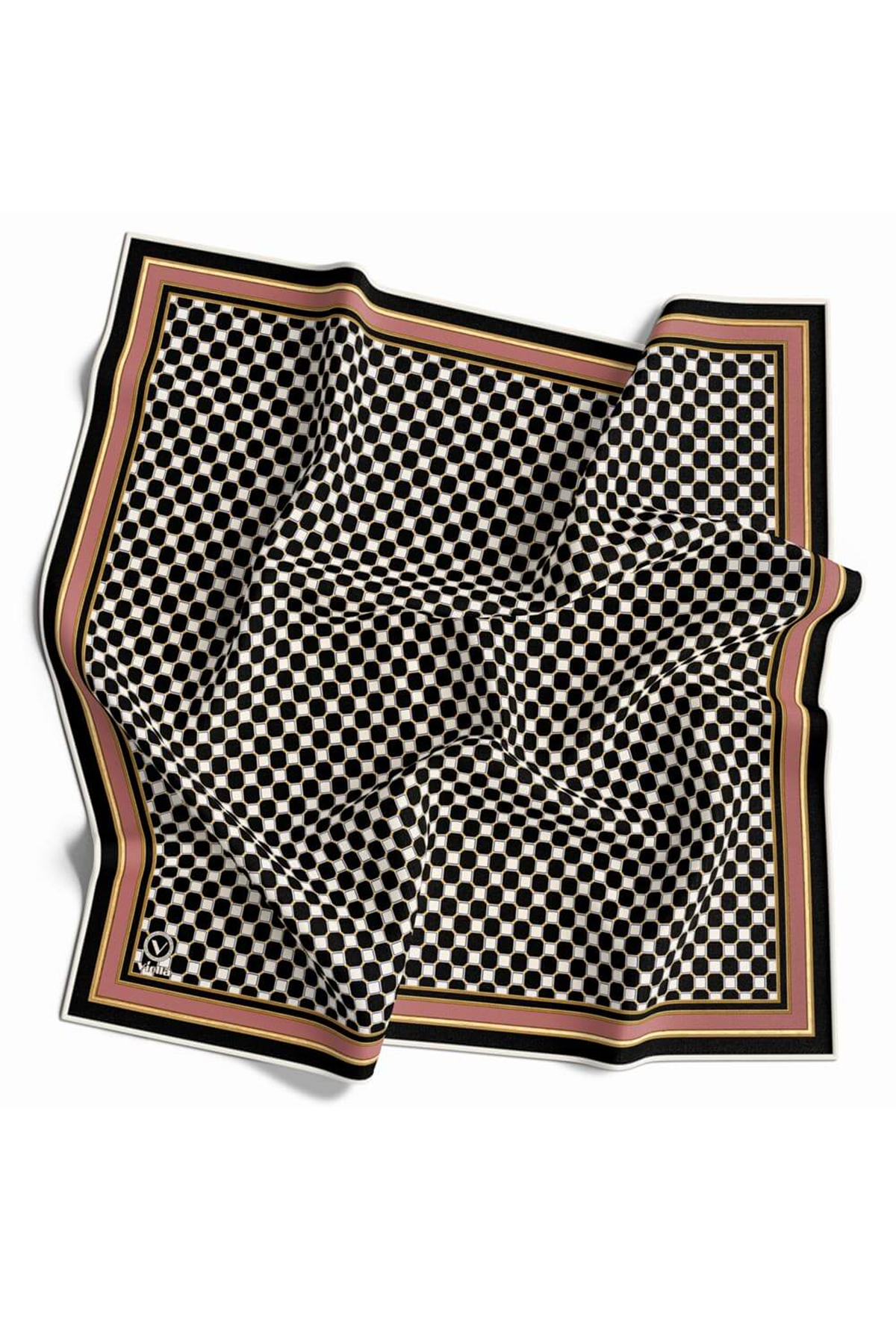 Twill Siyah - Beyaz Kareli Desenli Pudra Renkli 90x90 Eşarp (İpek İçermez) Kenar Dikiş Şekli El Dikişli