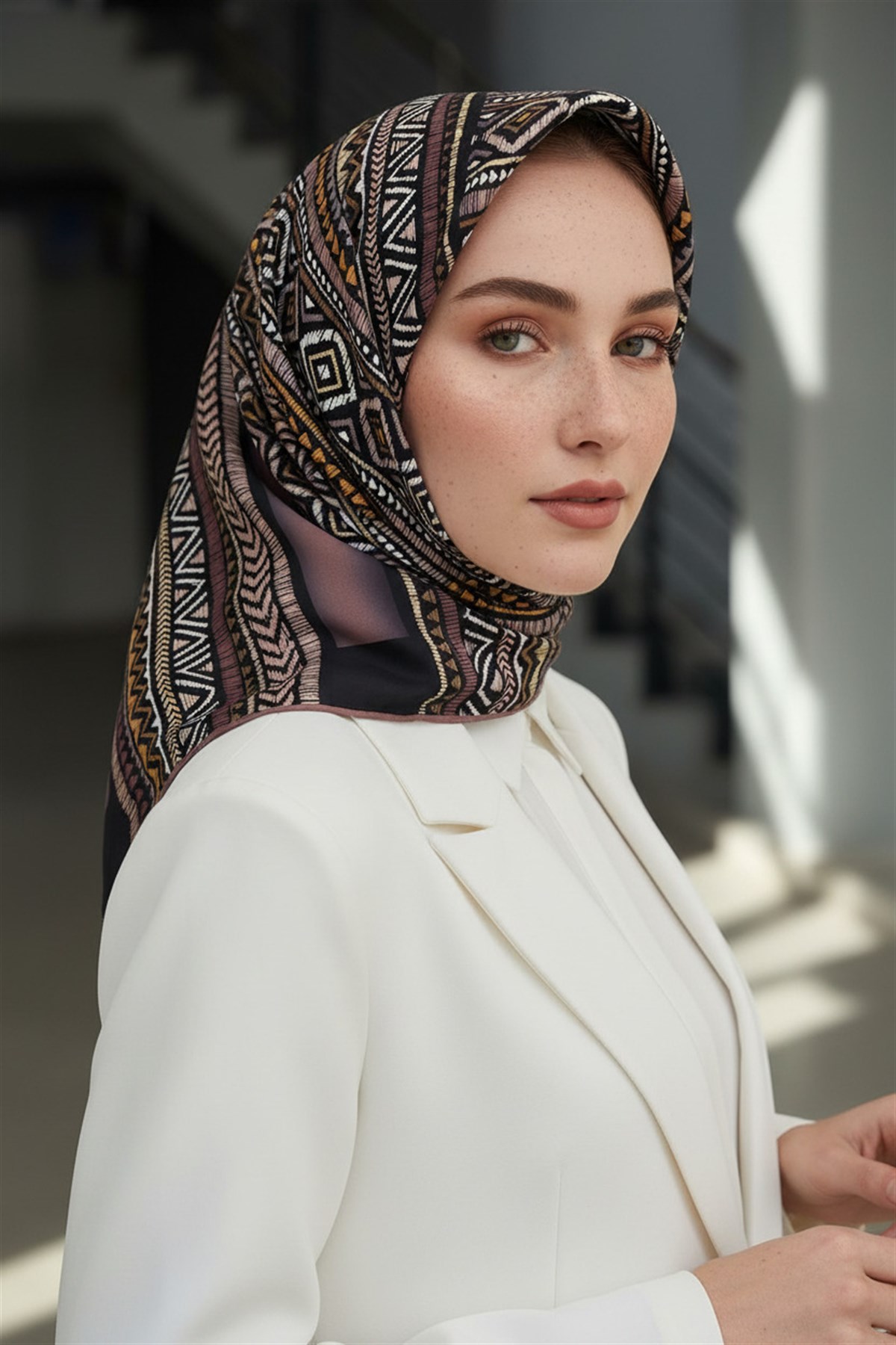 %100 Twill İpek Etnik Desenli Gül Kurusu - Bej Renkli 90x90 Eşarp Dikim Şekli : El Dikişi
