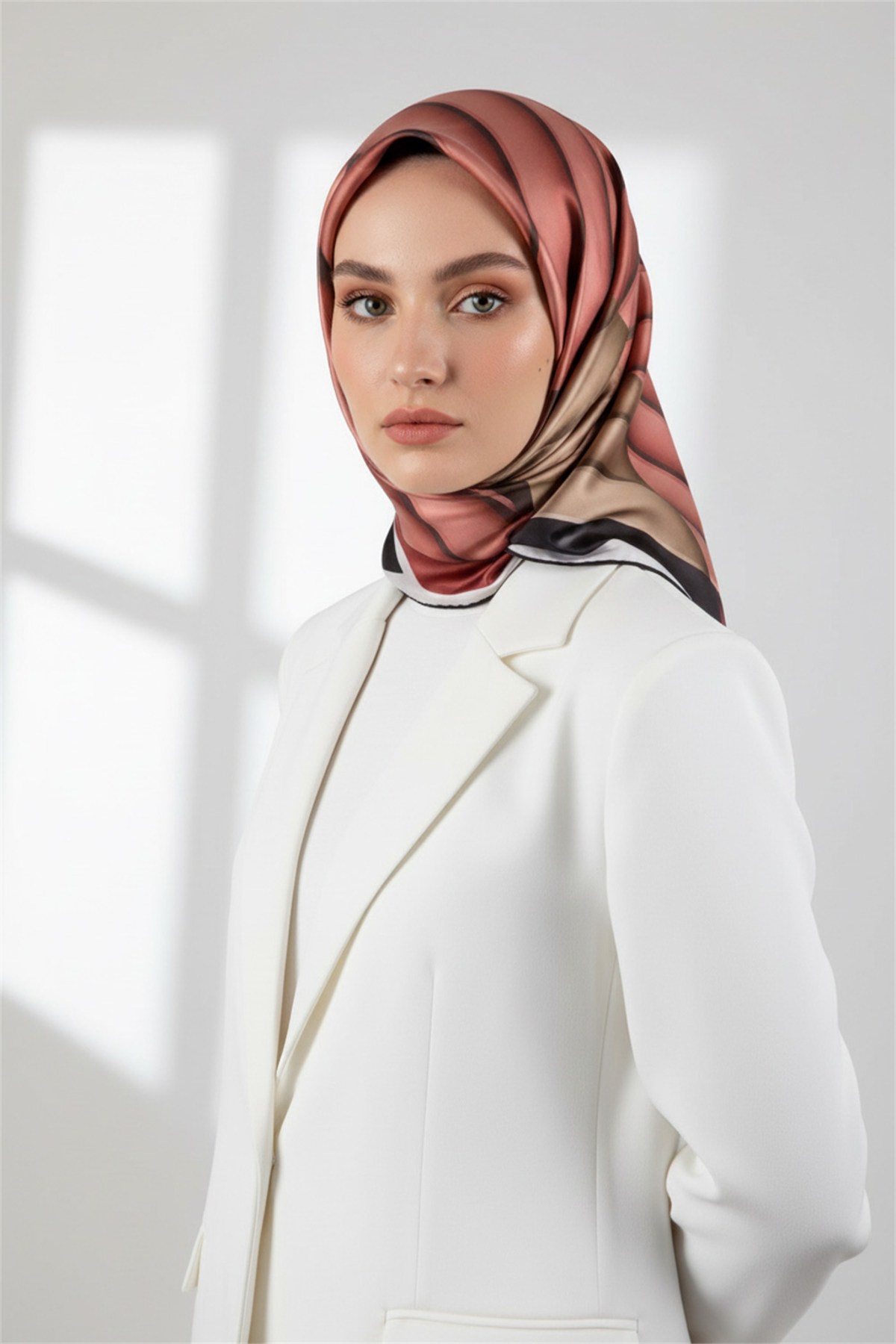 Rayon Zikzak Çizgi Desenli Gül Kurusu Renkli 90x90 Eşarp (İpek İçermez) Dikim Şekli : El Dikişi