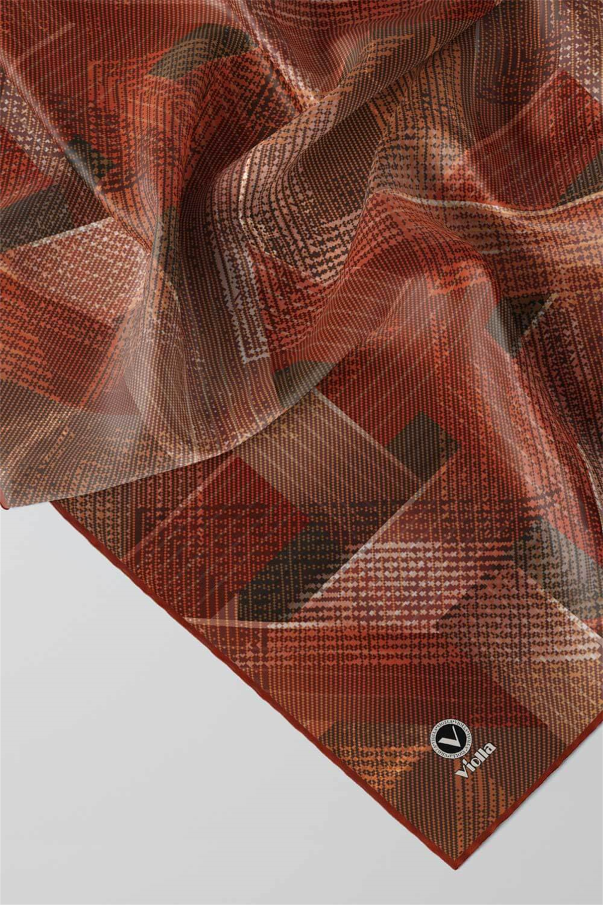 Twill Dokulu Geometrik Desenli Taba Renkli 90x90 Eşarp (İpek İçermez) Kenar Dikiş Şekli El Dikişli