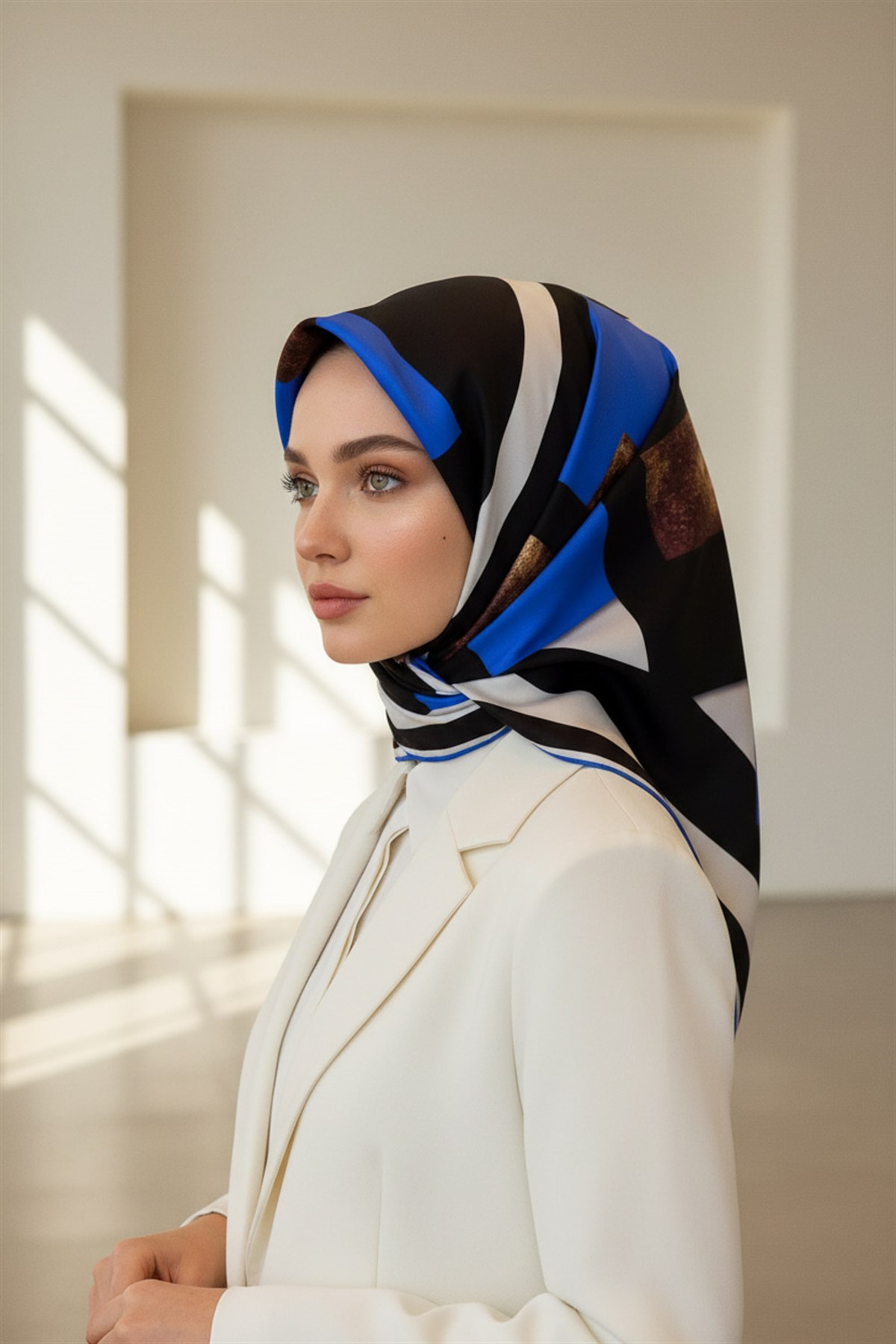 %100 Twill İpek Karo Desenli Saks - Siyah Renkli 90x90 Eşarp Dikim Şekli : El Dikişi