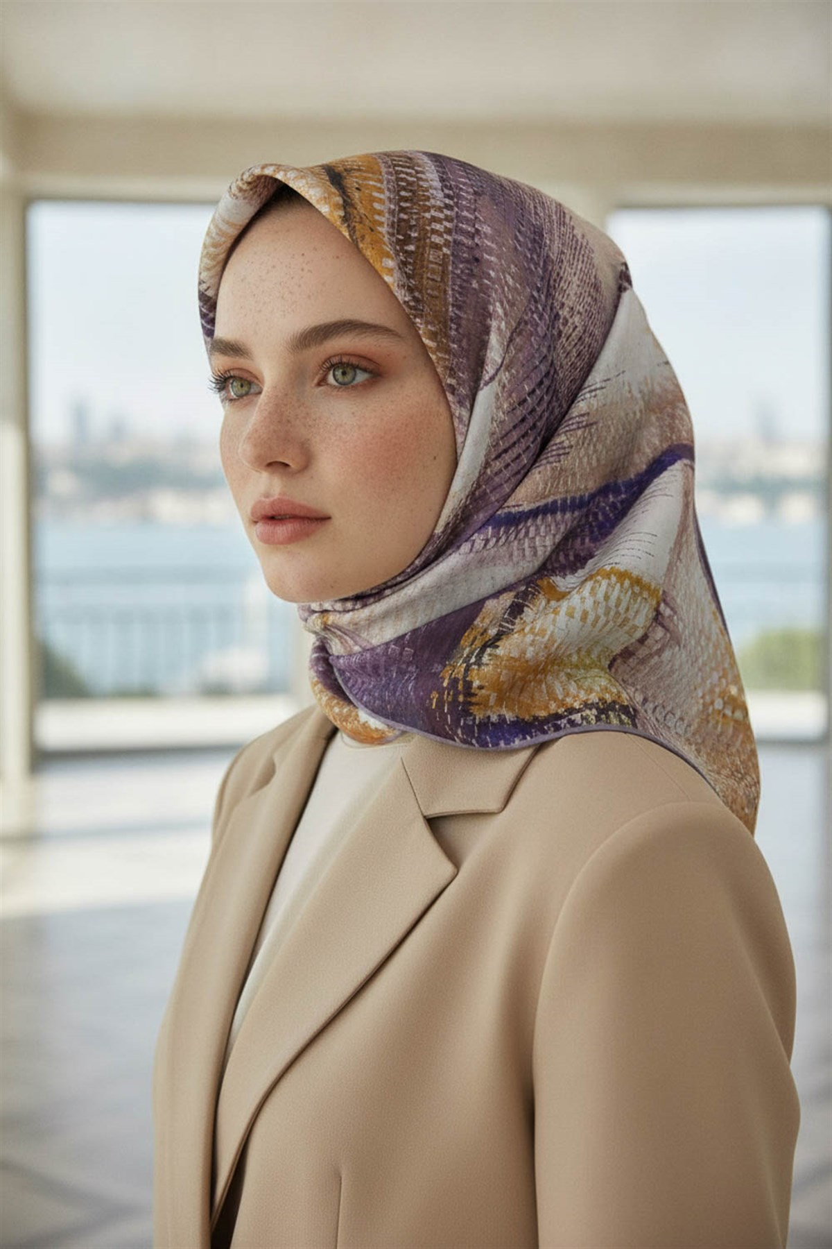 %100 Twill İpek Efektli ve Geometrik Desenli Sirke - Hardal Renkli 90x90 Eşarp Dikim Şekli : El Dikişi