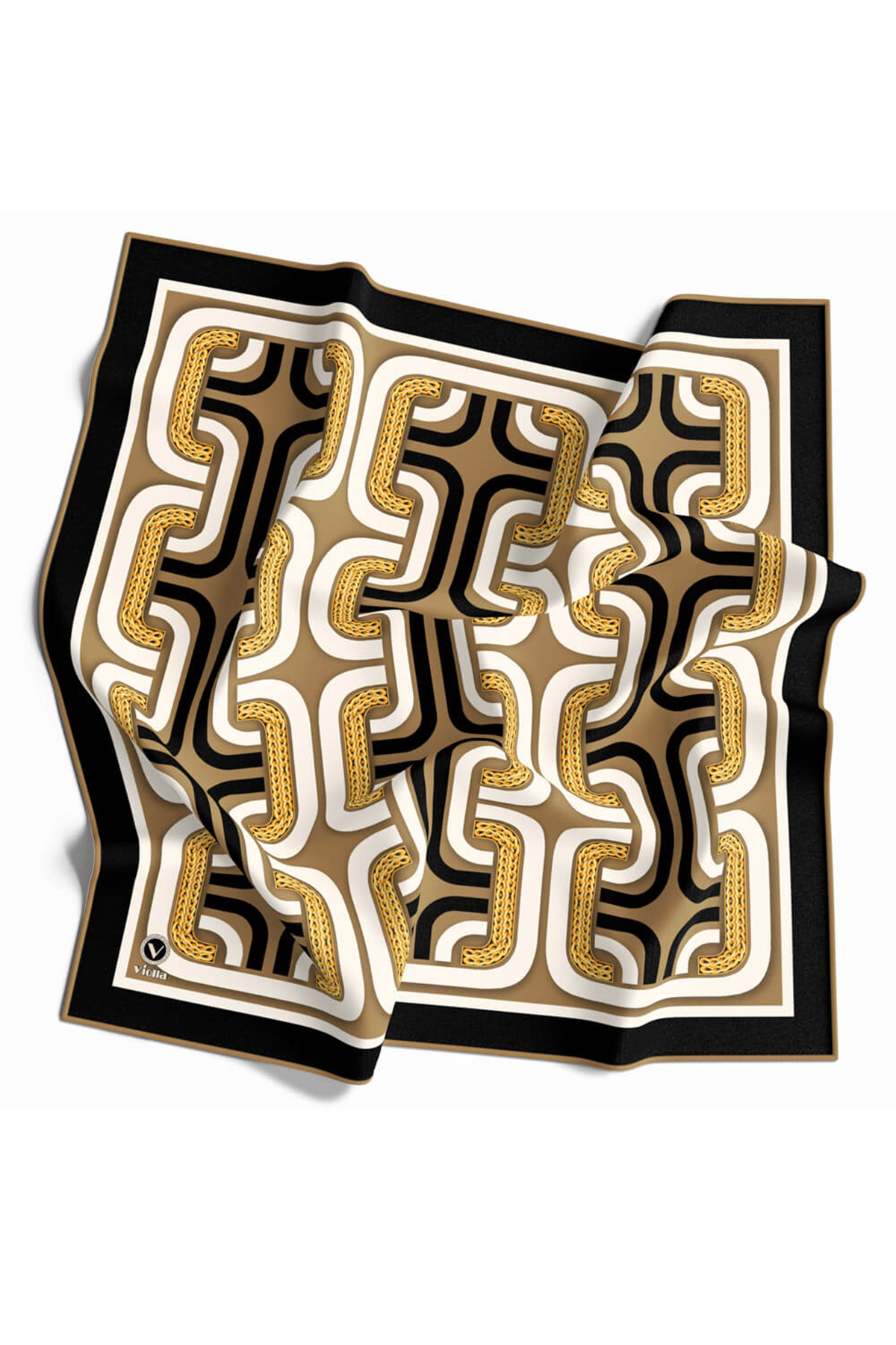 Twill Geometrik Zincir Desenli Vizon Renkli 90x90 Eşarp (İpek İçermez) Kenar Dikiş Şekli El Dikişli
