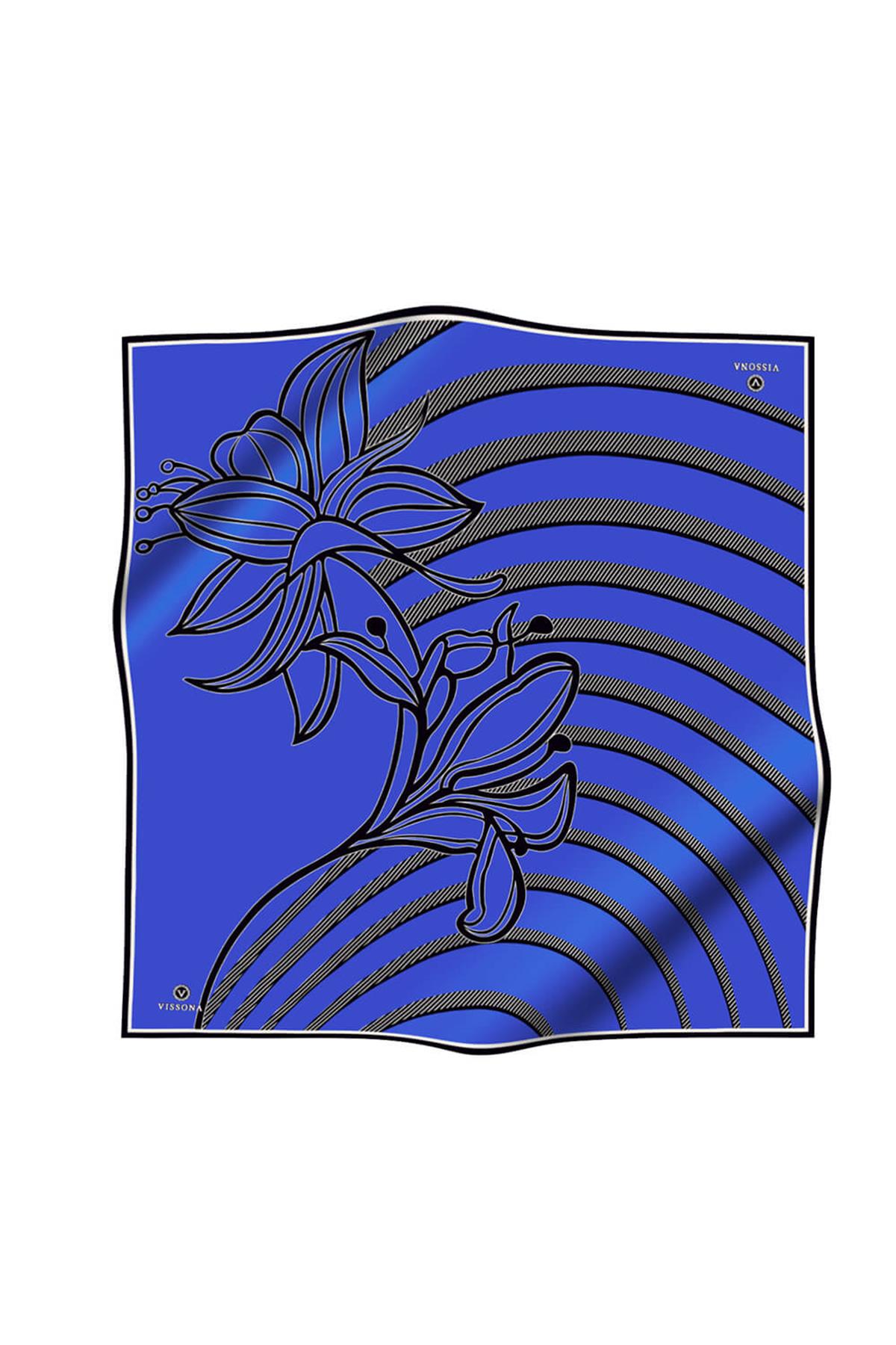 %100 Twill İpek Çizgili Çiçek Desenli Saks - Siyah Renkli 90x90 Eşarp Dikim Şekli : El Dikişi