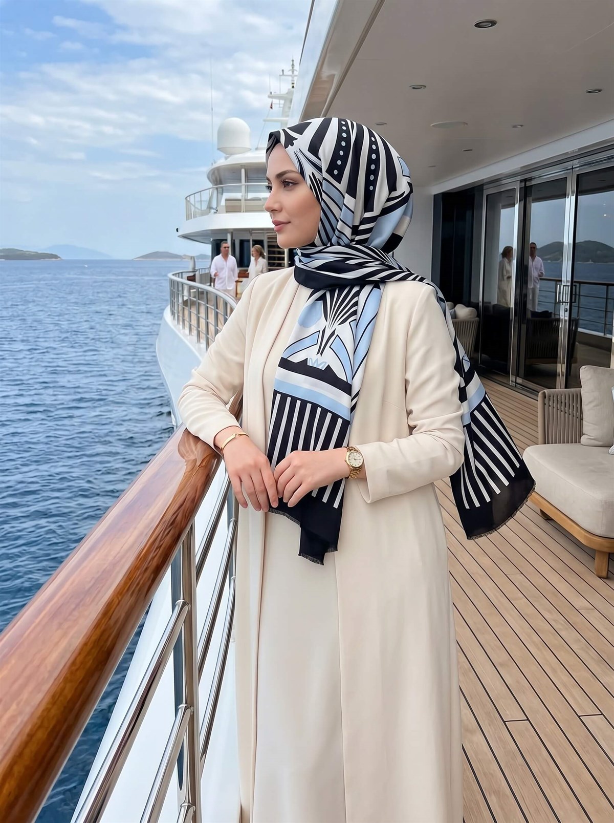 %100 İpek Yelpaze Desenli Buz Mavisi - Siyah Renkli 92x210 Şal