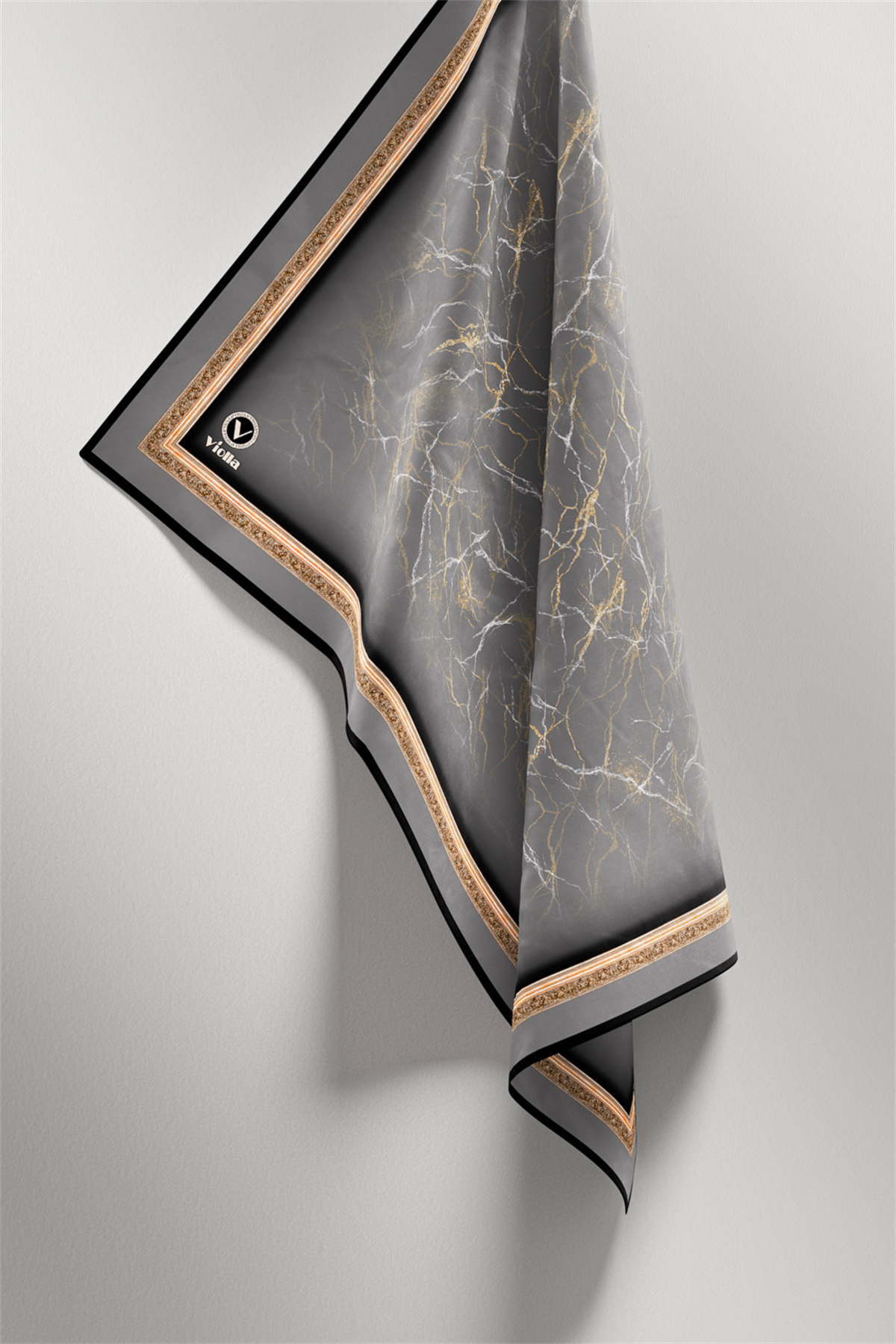 Twill Barok Çerçeveli Mermer Desenli Gri Renkli 90x90 Eşarp (İpek İçermez) Kenar Dikiş Şekli El Dikişli