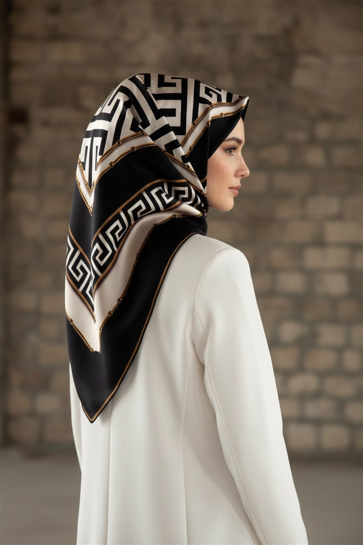 %100 Twill İpek Labirent Ve Geometrik Desenli Siyah - Krem Renkli 90x90 Eşarp Dikim Şekli : El Dikişi