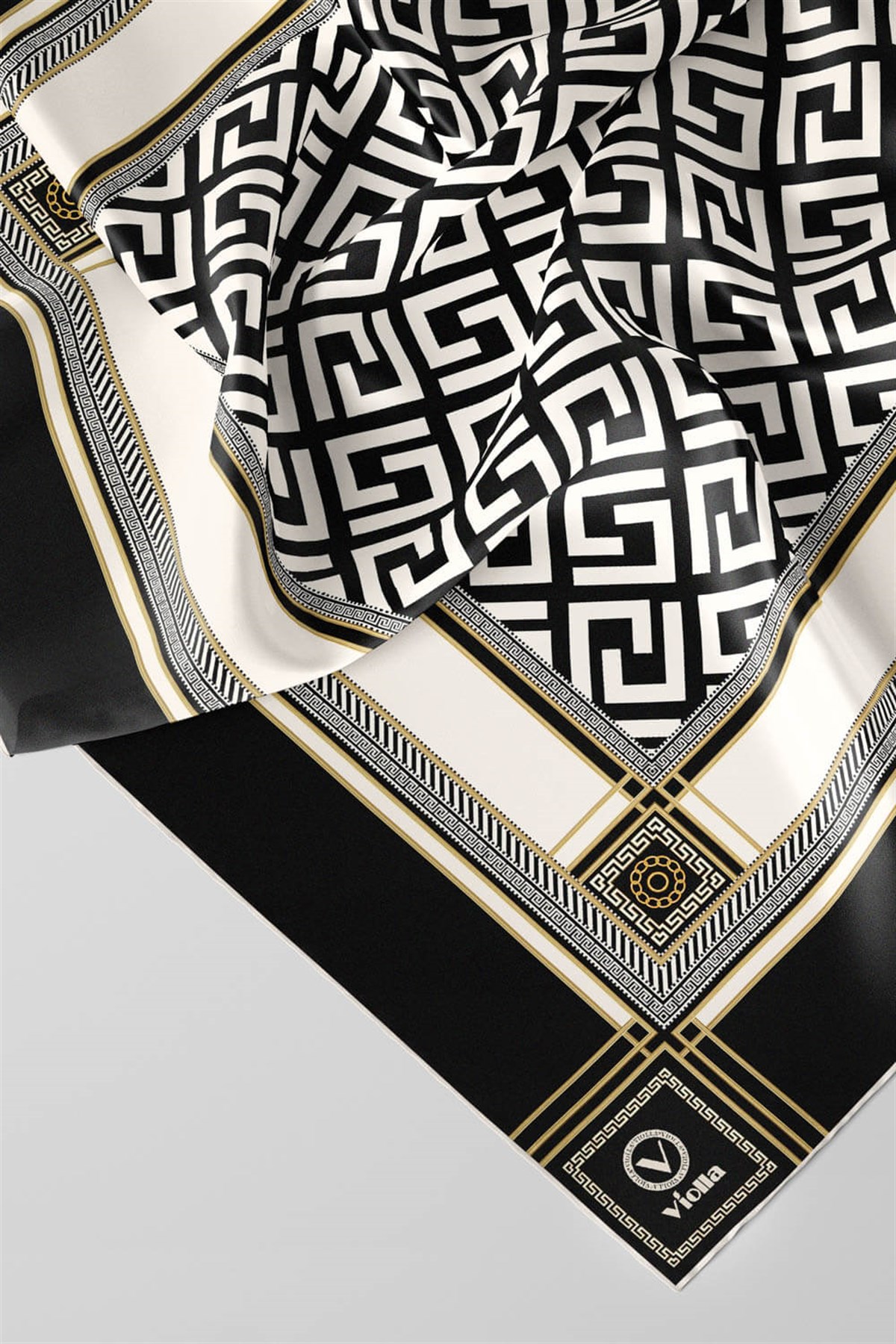 Twill Antik Desenli Siyah - Krem Renkli 90x90 Eşarp (İpek İçermez) Kenar Dikiş Şekli El Dikişli