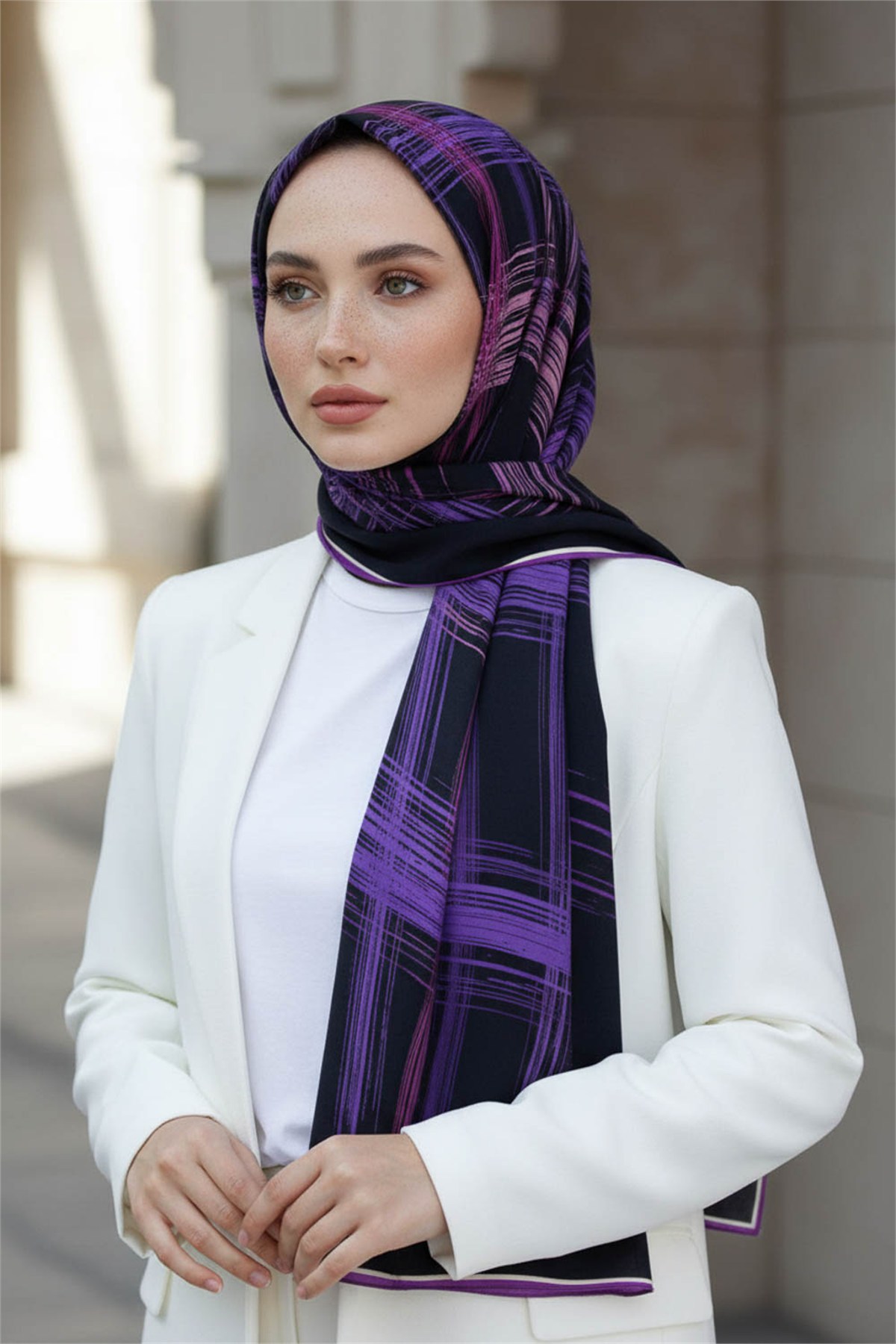 KREP FIRÇA DESENLİ MOR RENKLİ 75X195 KIRIŞMAZ ŞAL