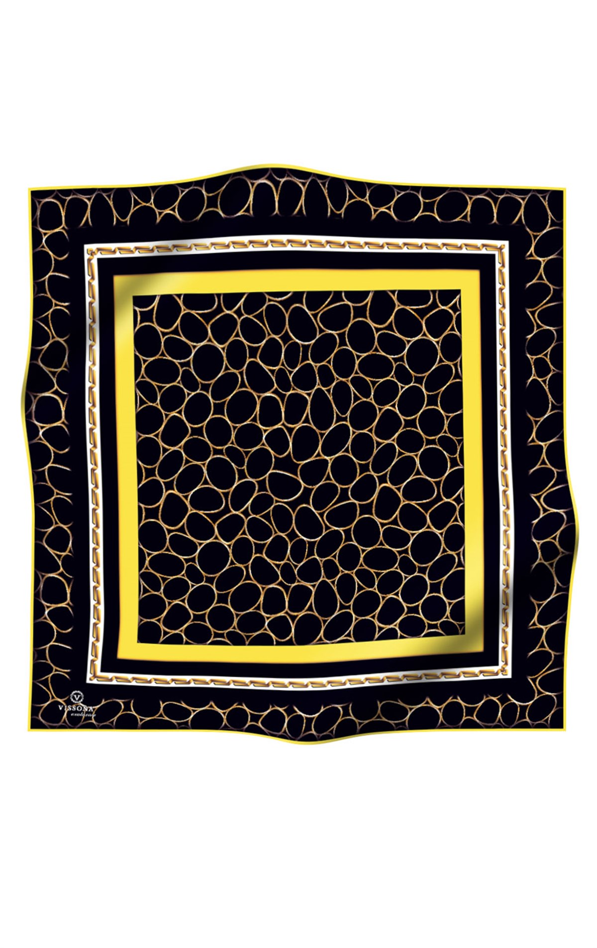 %100 Twill İpek Zincir Desenli Siyah - Limon Sarısı Renkli 90x90 Eşarp Kenar Dikiş Şekli El Dikişli