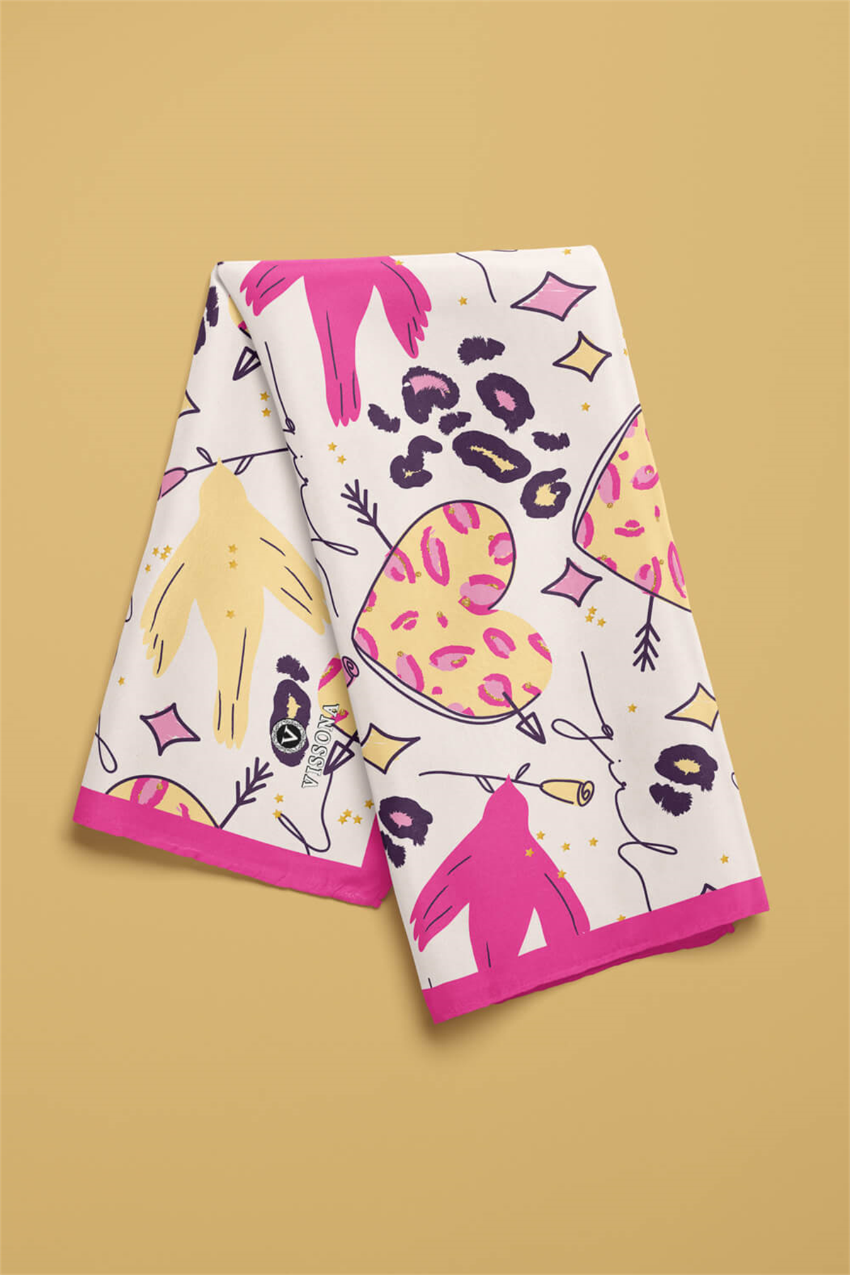 Saten İpek Kalp Desenli Kadın Bandana