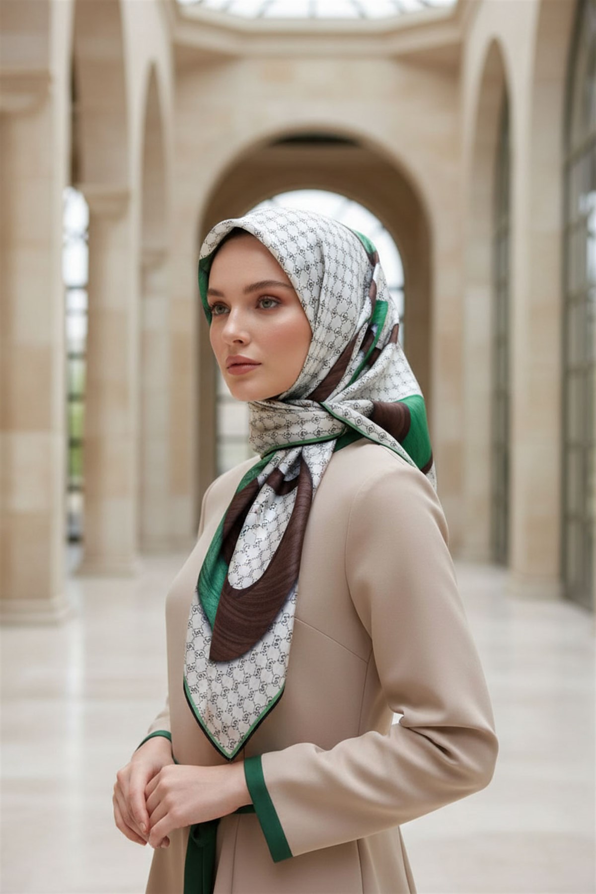 100% Twill Geometrik Halka Desenli Zümrüt Yeşili - Kahverengi  Renkli 90x90 Dikim Şekli : El Dikişi Eşarp