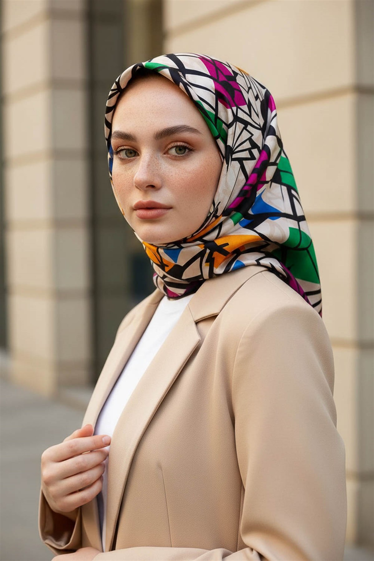 %100 Twill Renkli Petek Desenli Fuşya - Benetton Yeşili Renkli 90x90 Eşarp Dikim Şekli: El Dikişii