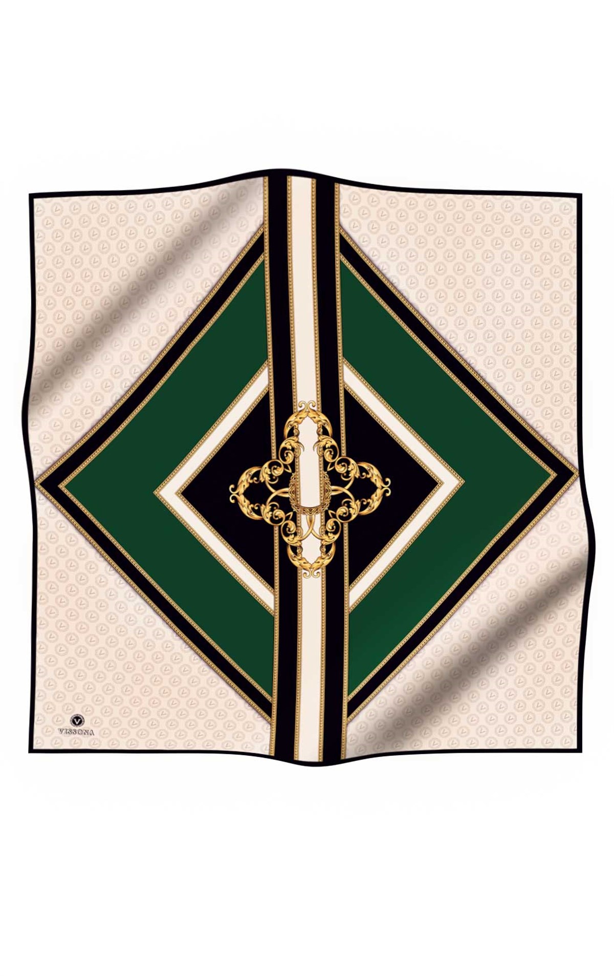 %100 Twill İpek Monogram ve Barok Desenli Zümrüt Yeşili - Krem Renkli 90x90 Eşarp Dikim Şekli : El Dikişi
