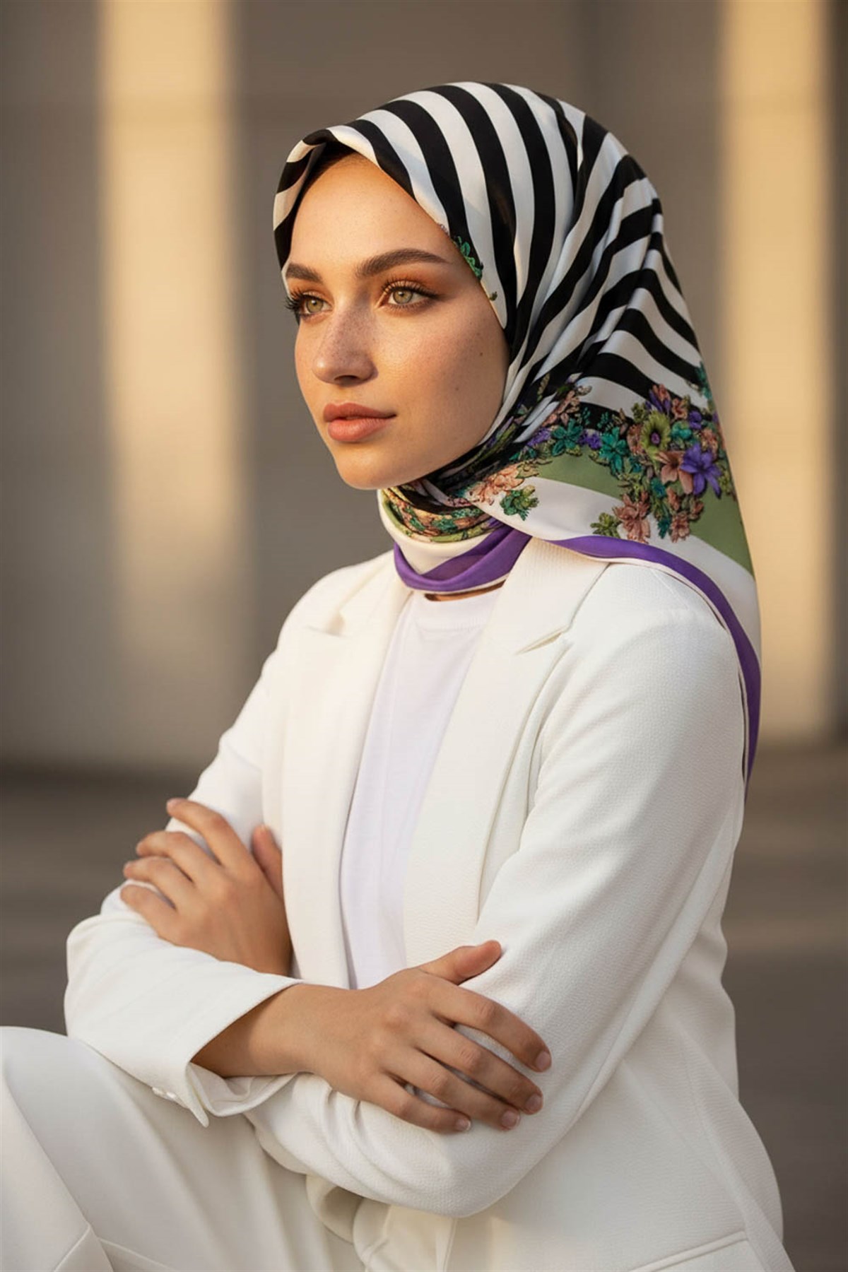 %100 Twill İpek Çıtır Çiçekli Ve Çizgi Desenli Mor - Haki Renkli 90x90 Eşarp Dikim Şekli : El Dikişi