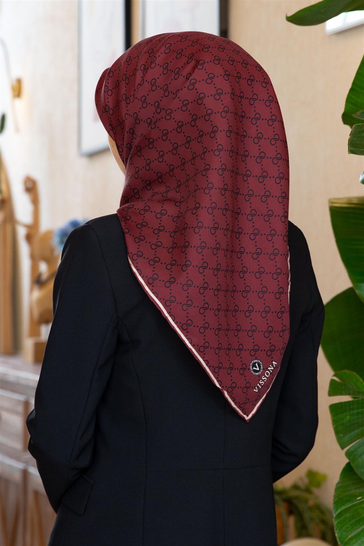 %100 Twill İpek Geometrik Desenli Bordo Renkli 90x90 Eşarp Dikim Şekli : El Dikişi