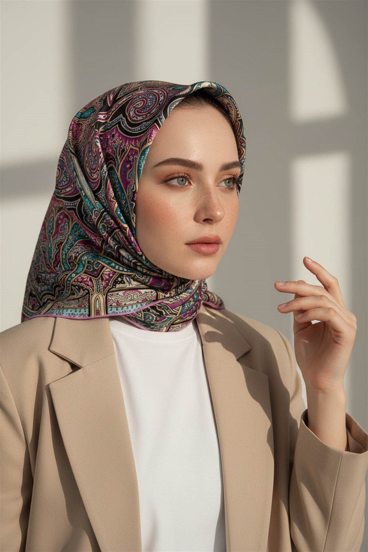 100% Twill İpek Etnik Desenli Pembe Renkli 90x90 Dikim Şekli : El Dikişi Eşarp