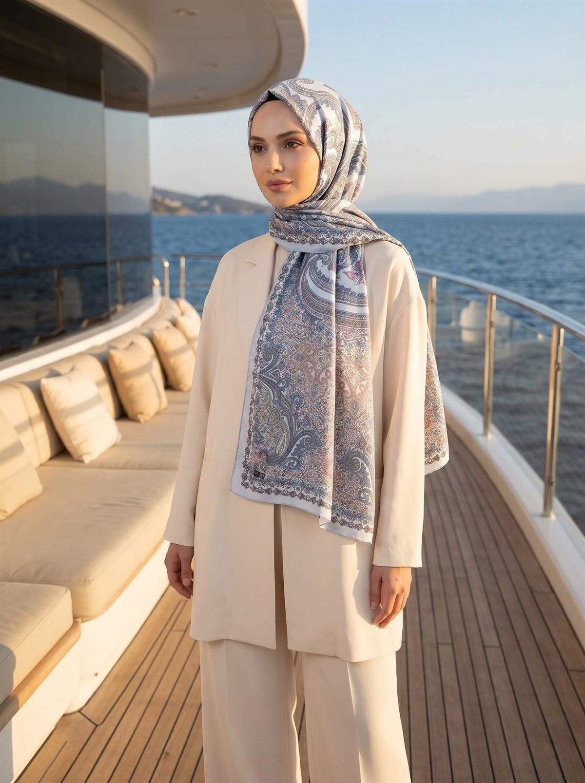 100% İpek Etro Desenli Bebe Mavisi - Pembe Renkli 92x210 Şal