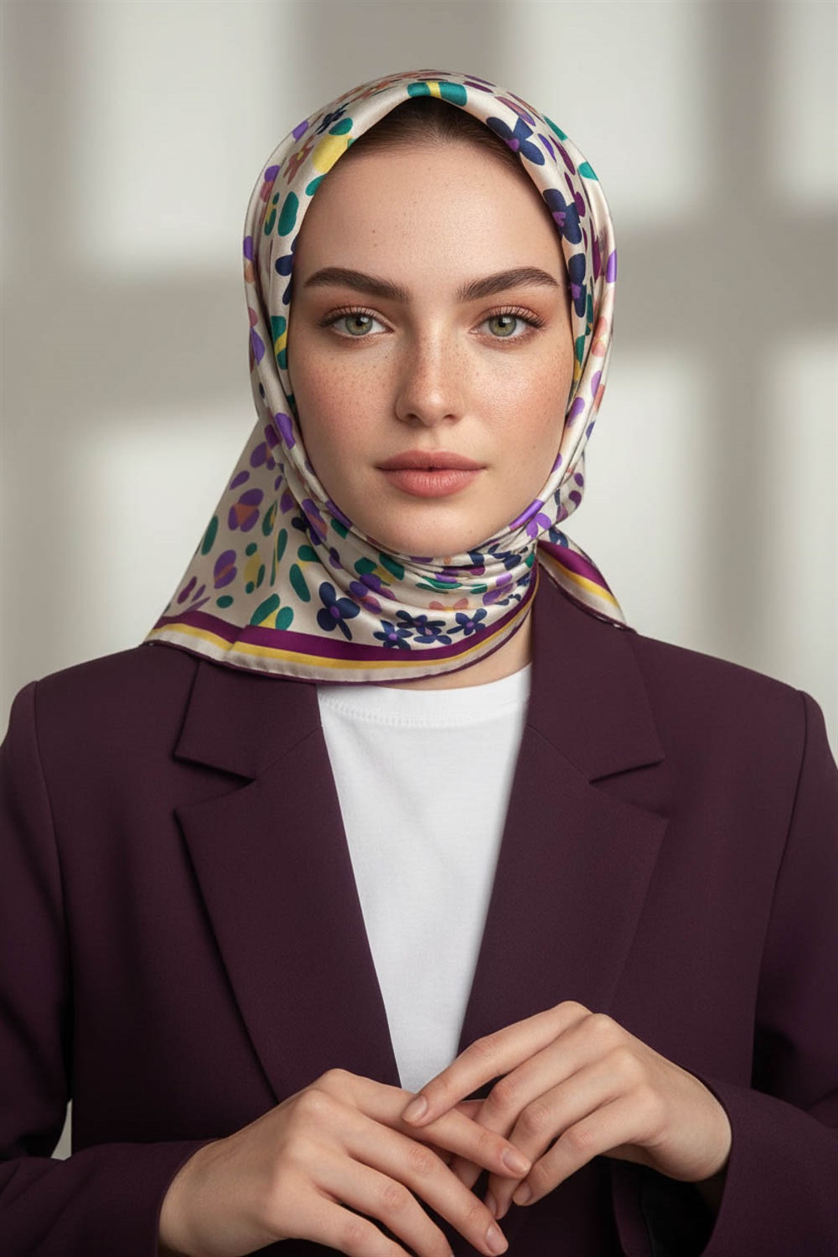 %100 Twill İpek Kalpli Leopar Desenli Krem - Mürdüm Renkli 90x90 Eşarp Dikim Şekli : El Dikişi