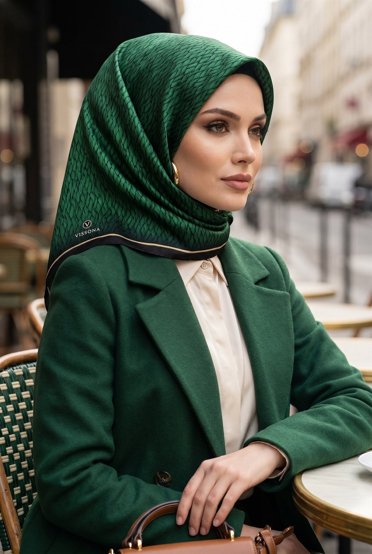 %100 Twill İpek File Desenli Zümrüt Yeşili - Siyah Renkli 90x90 Eşarp Dikim Şekli : El Dikişi