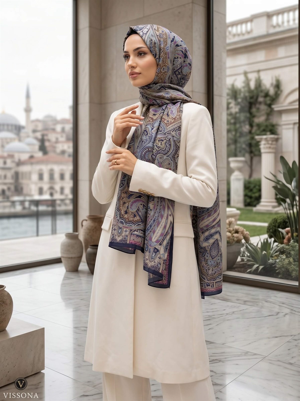 100% İpek Etro Desenli Lacivert - Gold Renkli 92x210 Şal