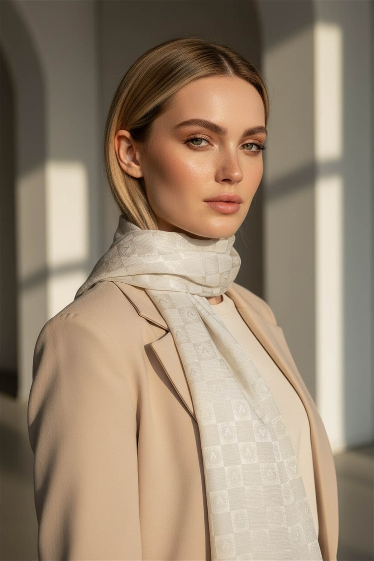 %57 İpek %43 Pamuk Jakarlı Monogram fular