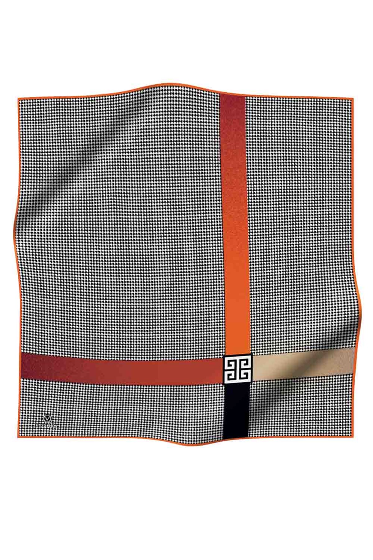 %100 Twill İpek Kazayağı Desenli Turuncu - Taba Renkli 90x90 Eşarp Dikim Şekli : El Dikişi