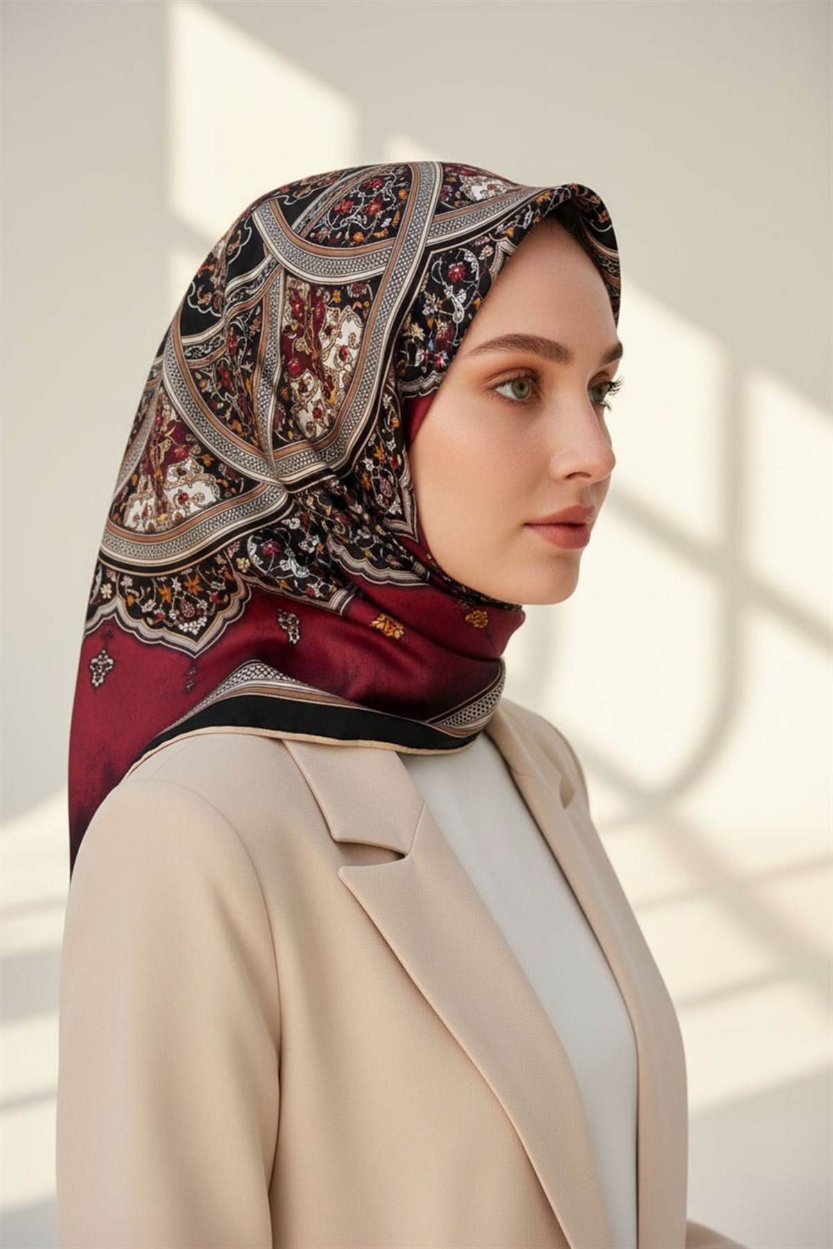%100 Twill İpek Şal Desenli Bordo - Siyah Renkli 90x90 Eşarp Dikim Şekli : El Dikişi
