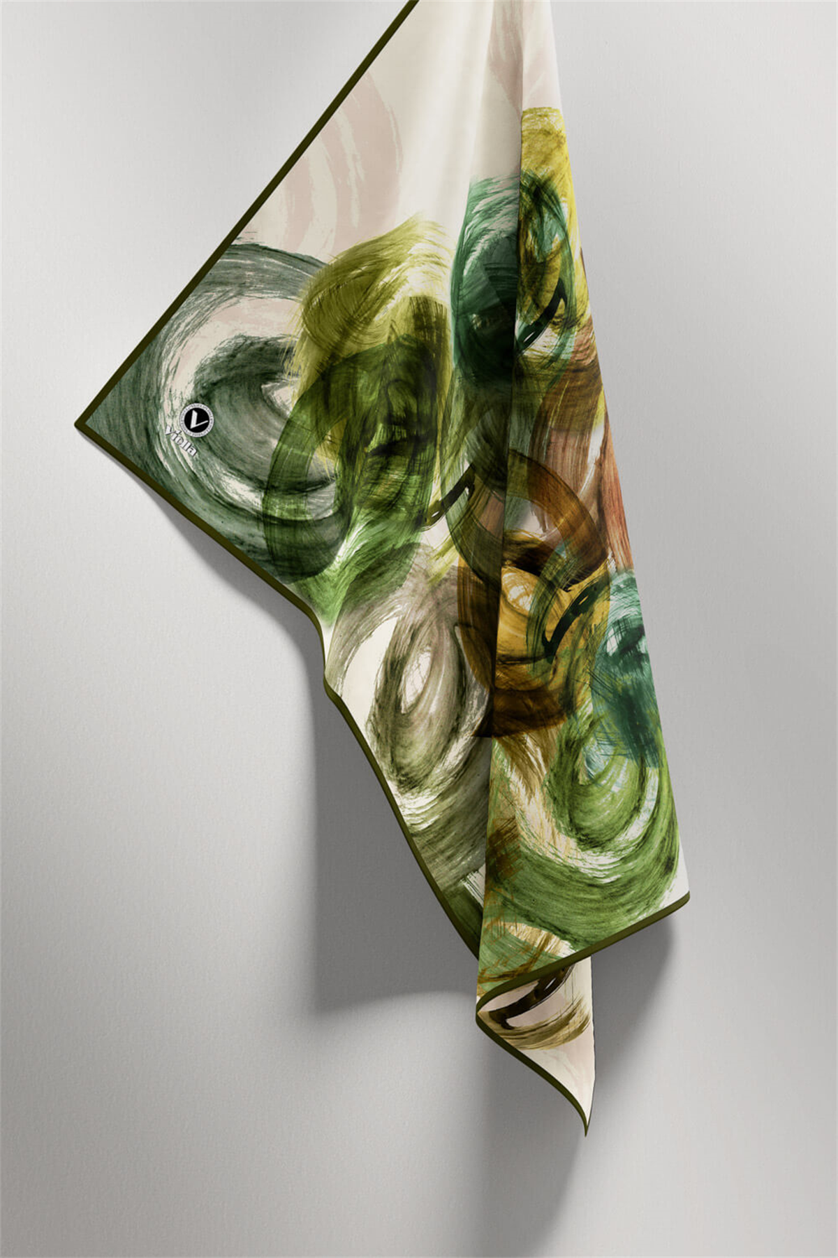 Twill Fırça Efektli Desenli Haki Renkli 90x90 Eşarp (İpek İçermez) Kenar Dikiş Şekli El Dikişli