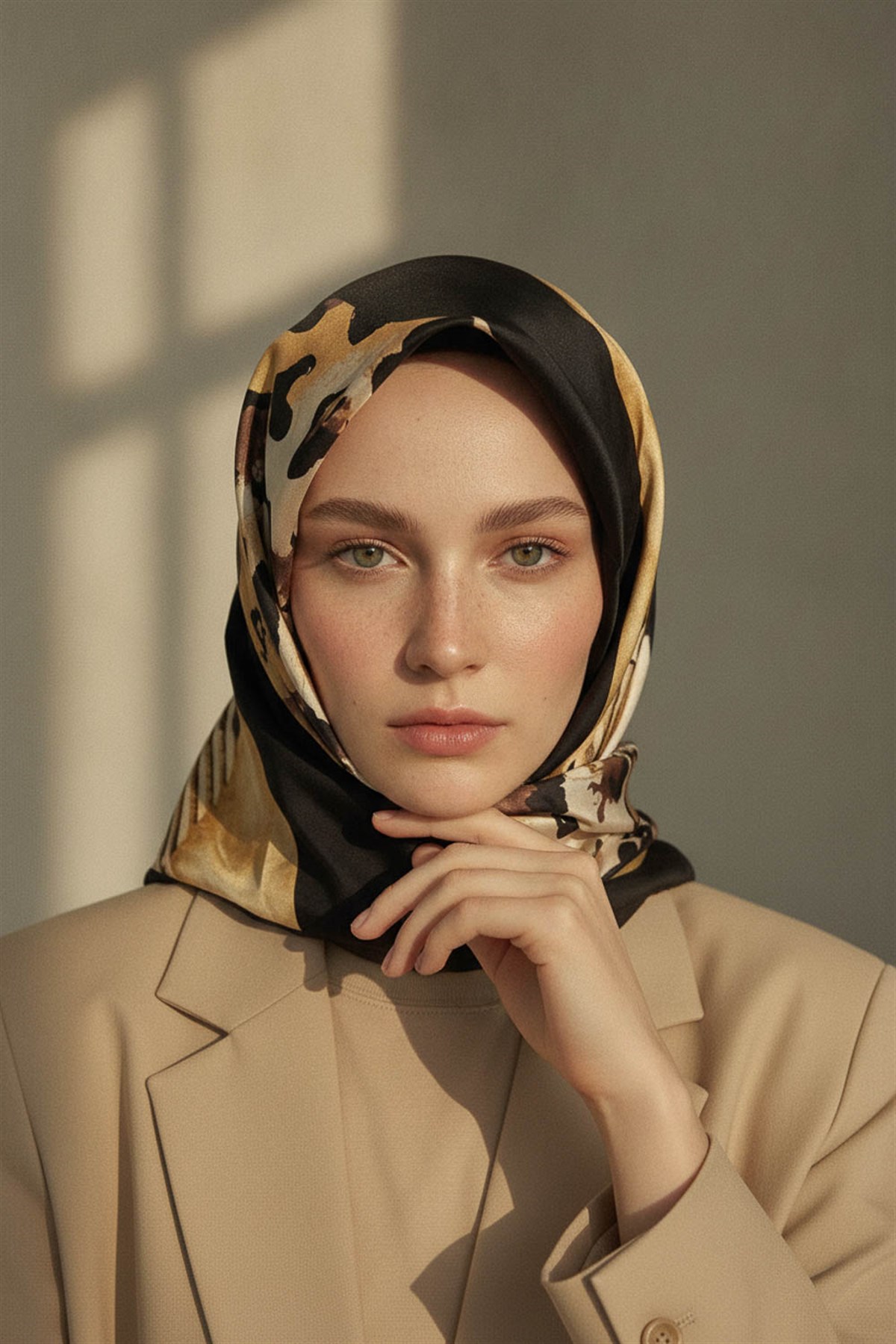 %100 Twill İpek Leopar Ve Geometrik Desenli Hardal Renkli 90x90 Eşarp Dikim Şekli : El Dikişi