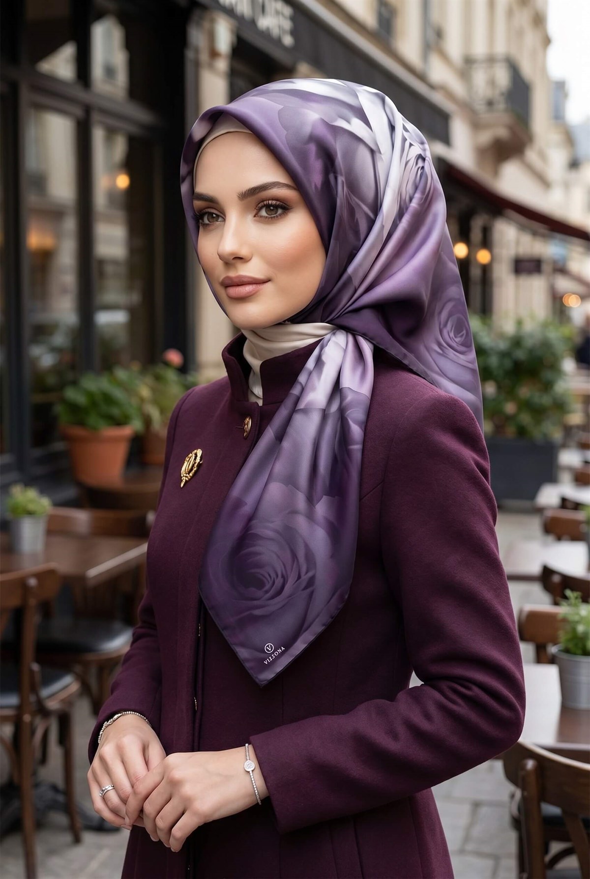 %100 Twill İpek Gül Desenli Lila Renkli 90x90 Eşarp Dikim Şekli : El Dikişi