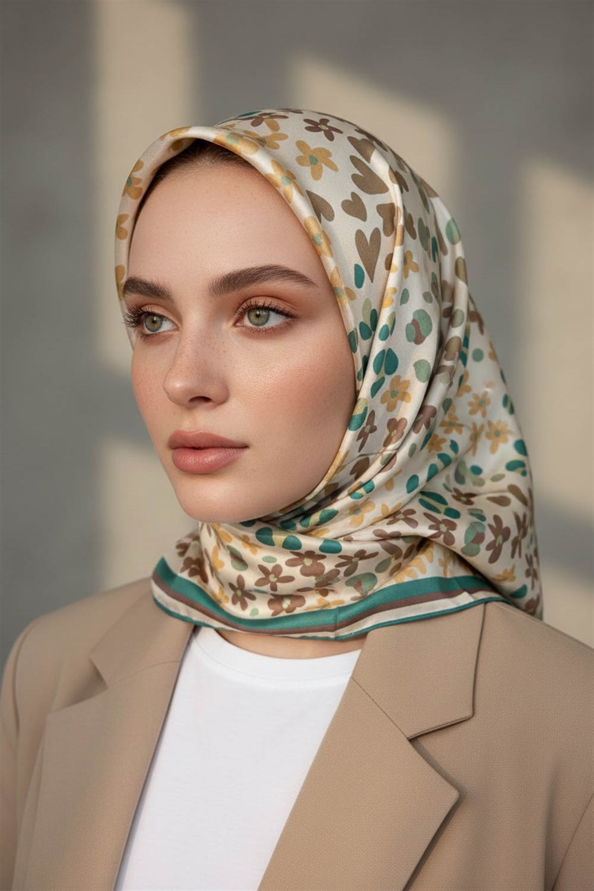 %100 Twill İpek Kalpli Leopar Desenli Zümrüt Yeşili - Vizon Renkli 90x90 Eşarp Dikim Şekli : El Dikişi