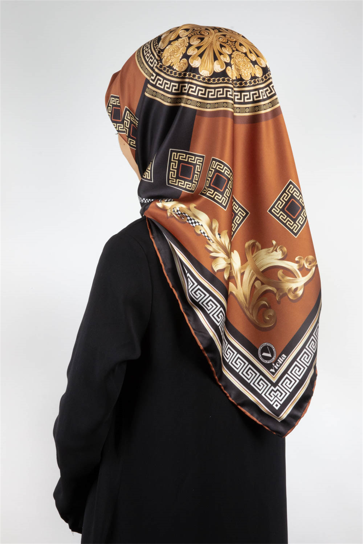 Twill Barok Desenli Taba Renkli 90x90 Eşarp (İpek İçermez) Kenar Dikiş Şekli El Dikişli