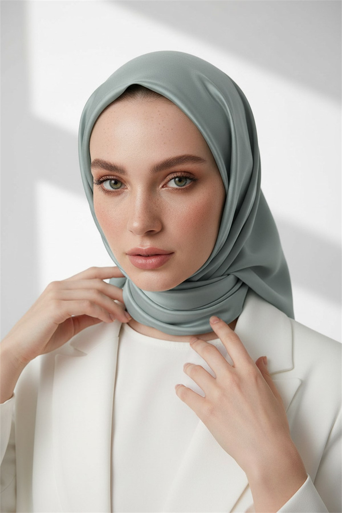 Viskon Twill İpek Eşarp 90x90 Küf Yeşili Düz Renk Az Hatalı El Dikişli Kadın Eşarp