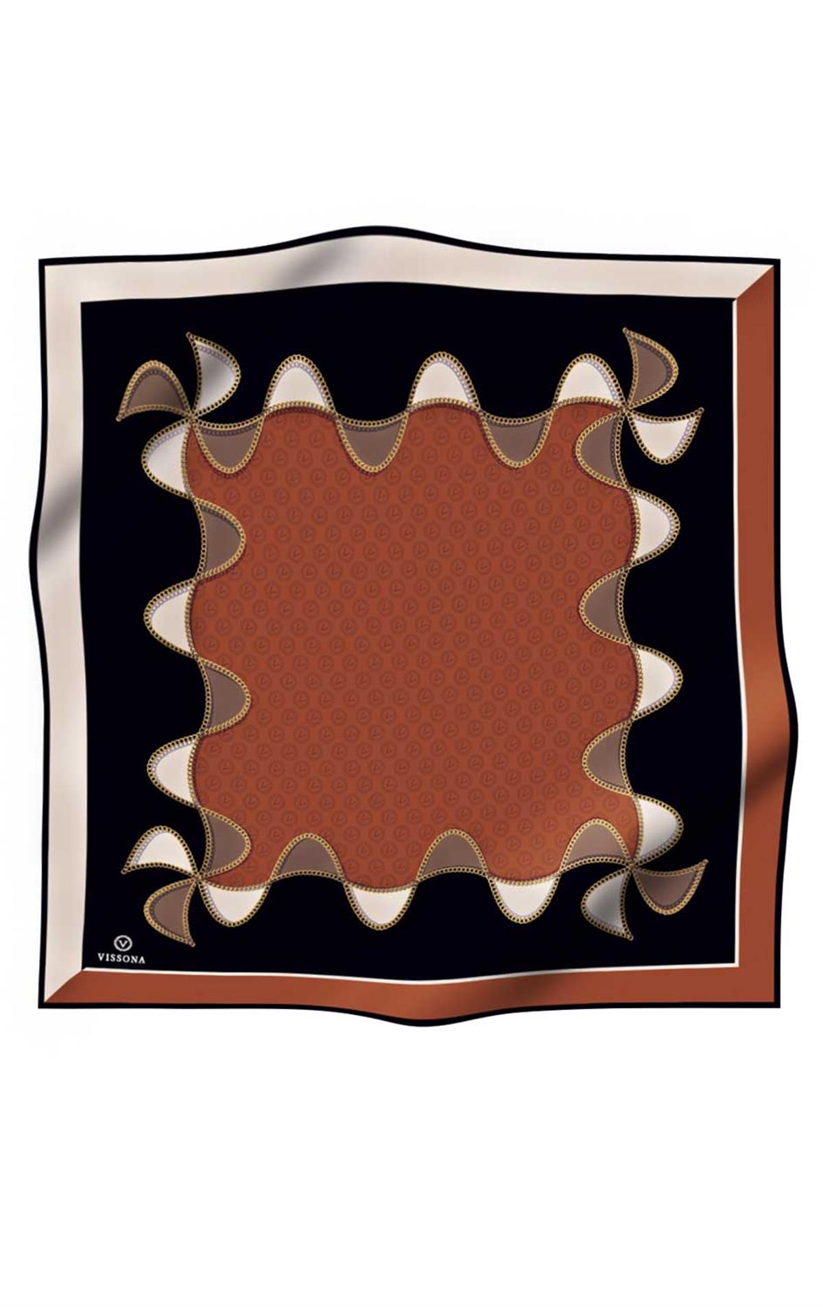 %100 Twill İpek Zincirli Ve Monogram Desenli Taba - Siyah Renkli 90x90 Eşarp Dikim Şekli : El Dikişi