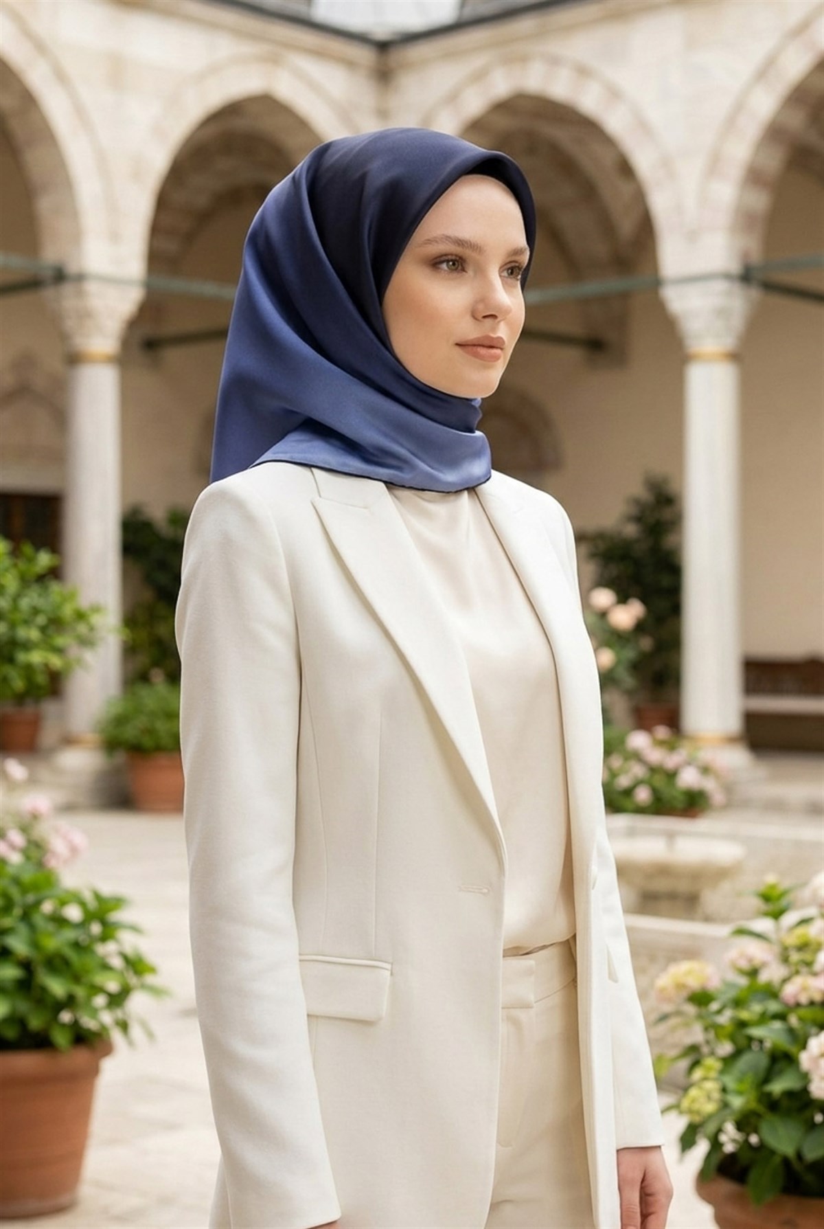 % 57 İPEK % 43 VİSKON Twill İpek Degrade Desenli Lacivert Renkli 90x90 Eşarp Dikim Şekli : El Dikişi