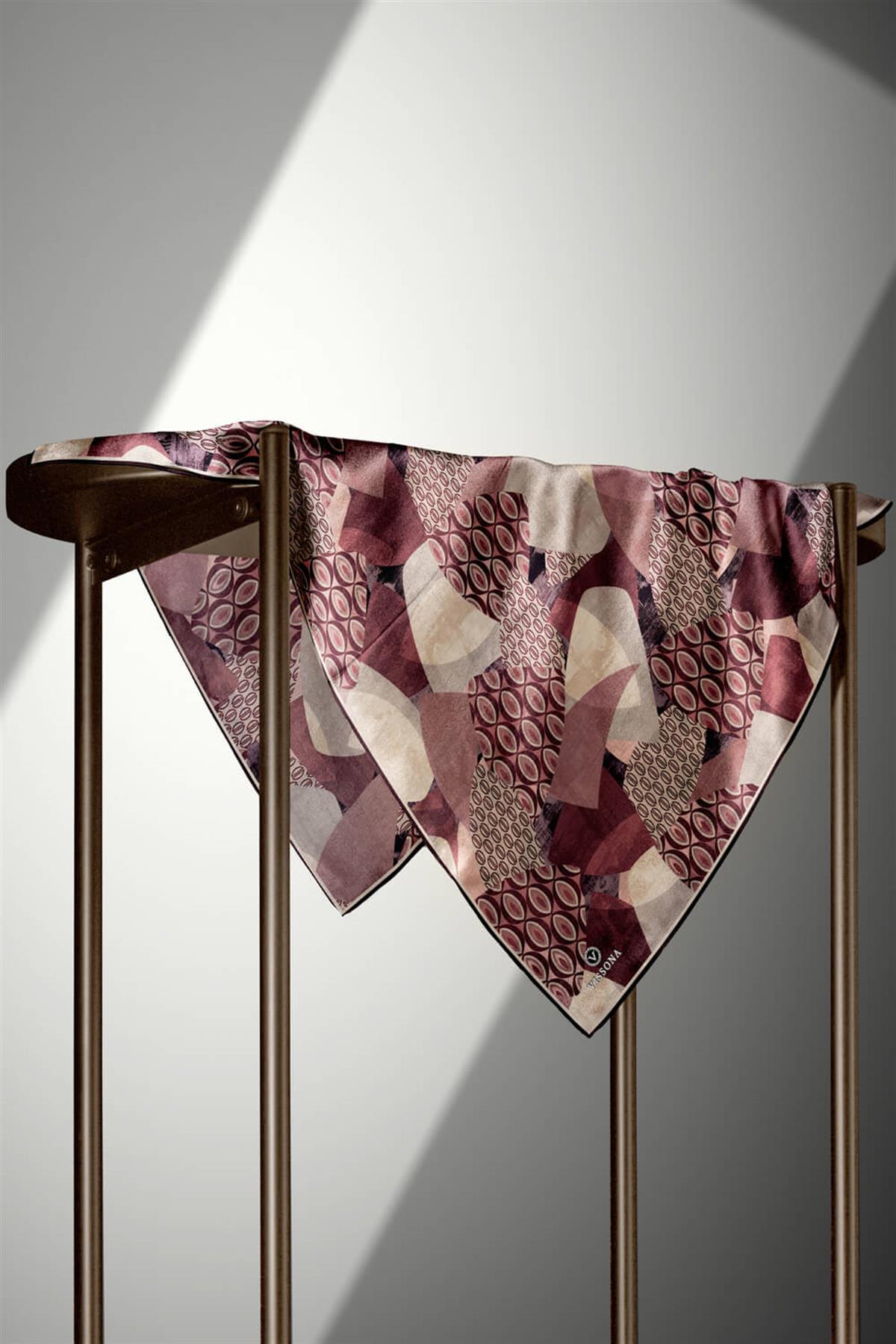 %100 Twill İpek Geometrik Desenli Gül Kurusu - Vizon Renkli 90x90 Eşarp Eşarp Kenar Dikiş Şekli El Dikişli