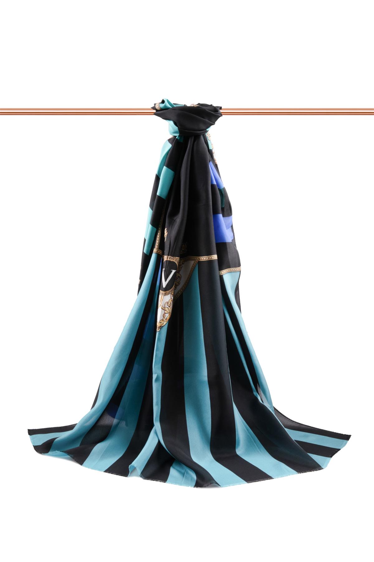 %100 İpek Şerit Ve Varak Desenli Bebe Mavisi - Siyah Renkli 92x210 Şal