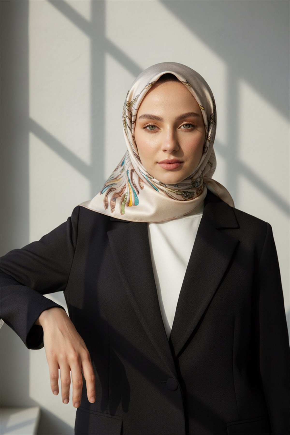 %100 Twill İpek Zincir Desenli Krem Renkli 90x90 Eşarp Dikim Şekli : El Dikişi