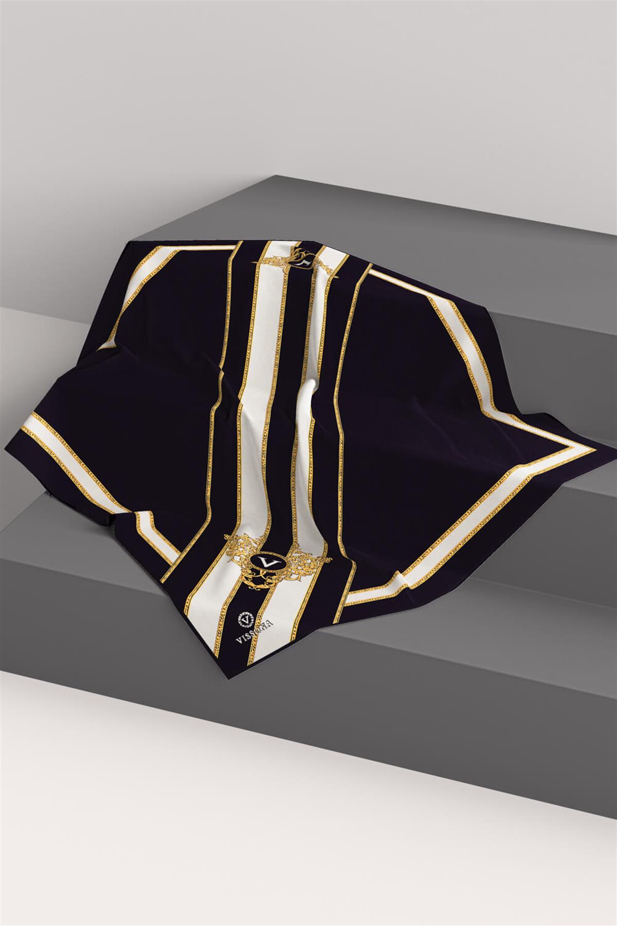 %100 Twill İpek Barok Ve Şerit Desenli Siyah - Krem Renkli 90x90 Eşarp Dikim Şekli : El Dikişi