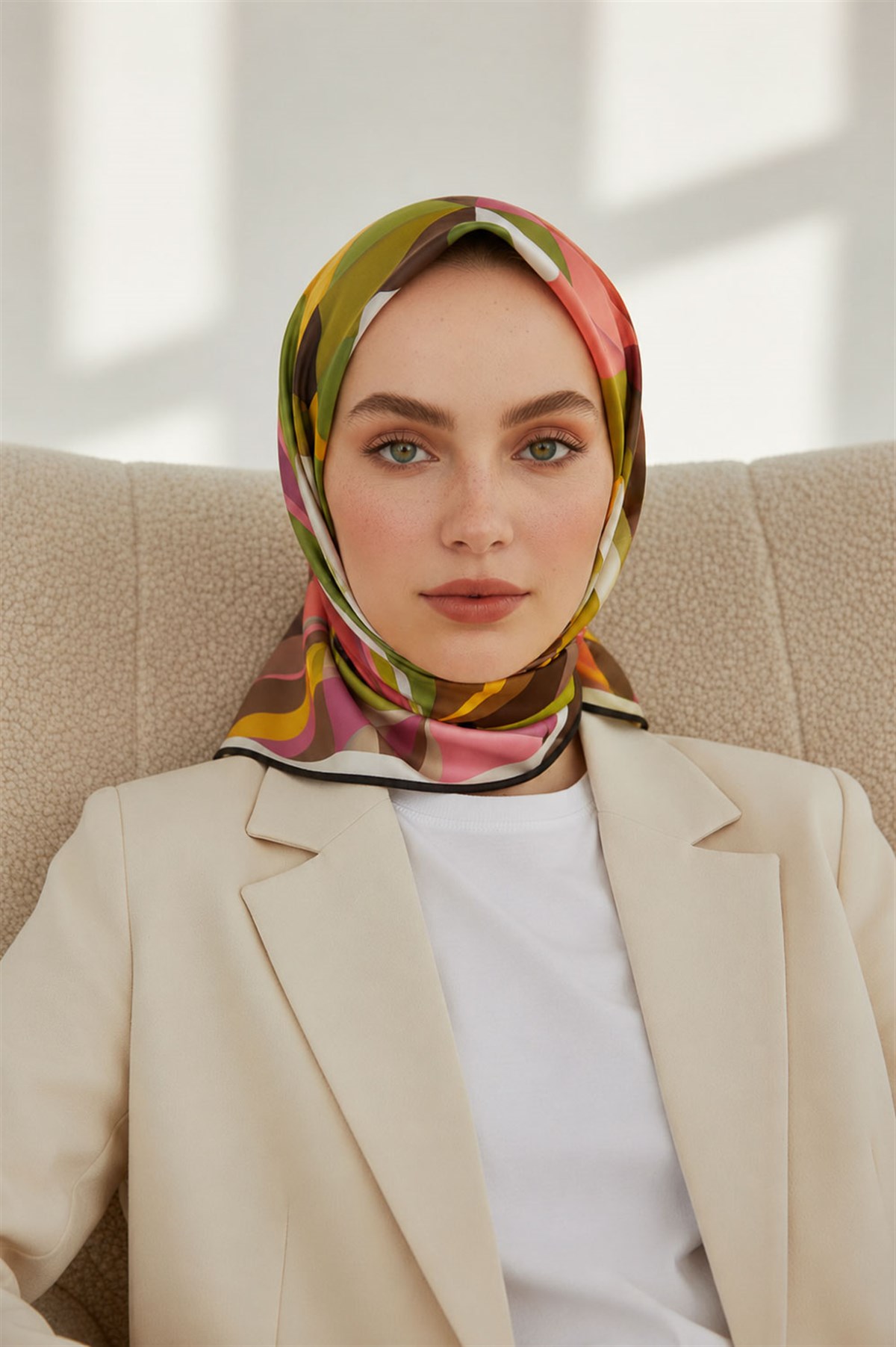 %100 Twill İpek Geometrik Desenli Fıstık Yeşili Renkli 90x90 Eşarp Dikim Şekli : El Dikişi