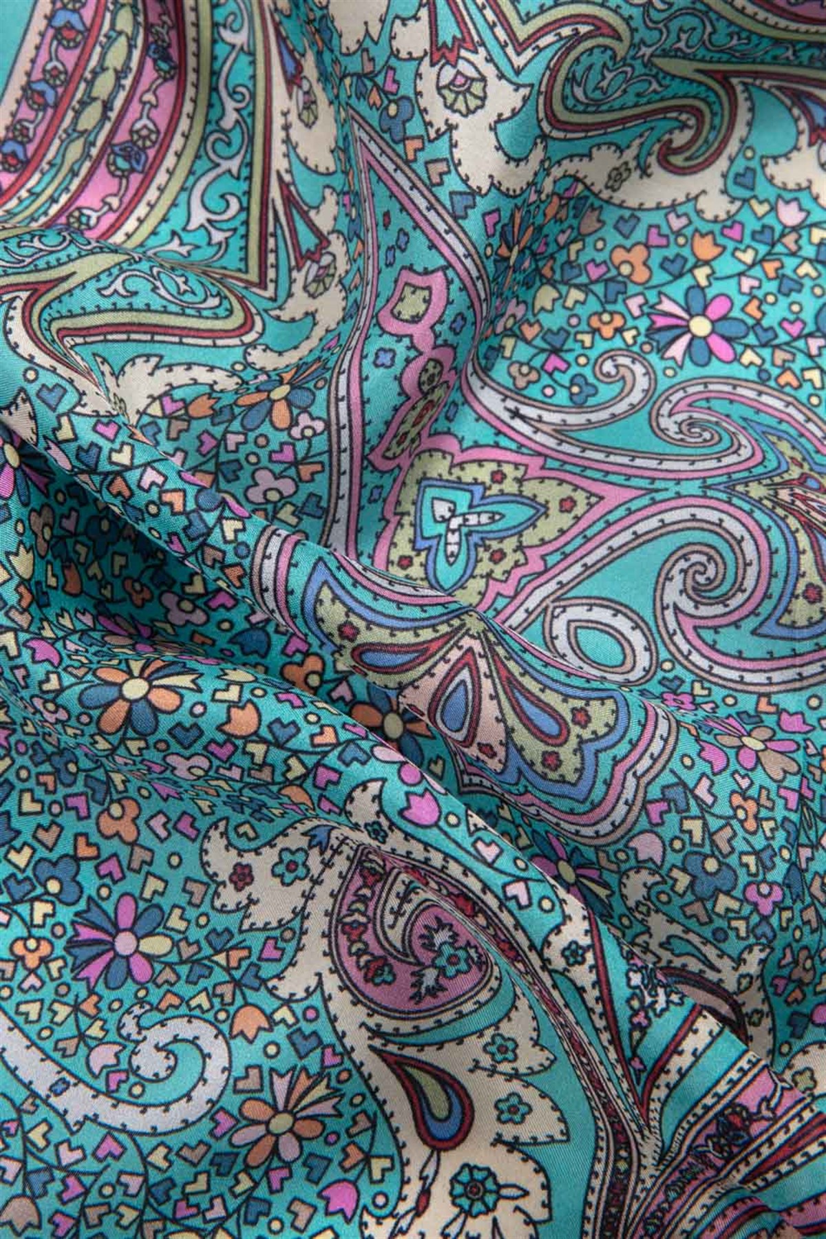 100% İpek Etro Desenli Turkuaz - Pudra Renkli 92x210 Şal