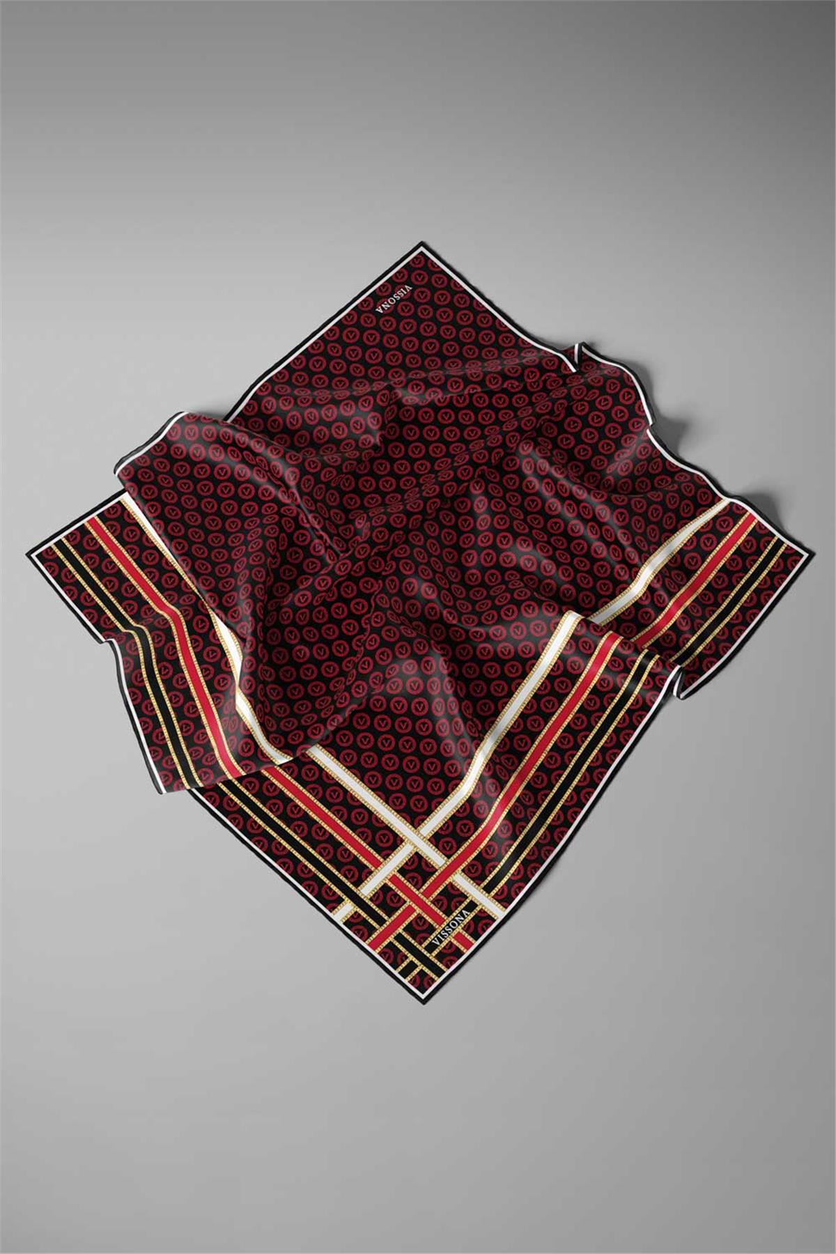 %100 Twill İpek Monogram Desenli Siyah - Bordo Renkli 90x90 Eşarp Dikim Şekli : El Dikişi
