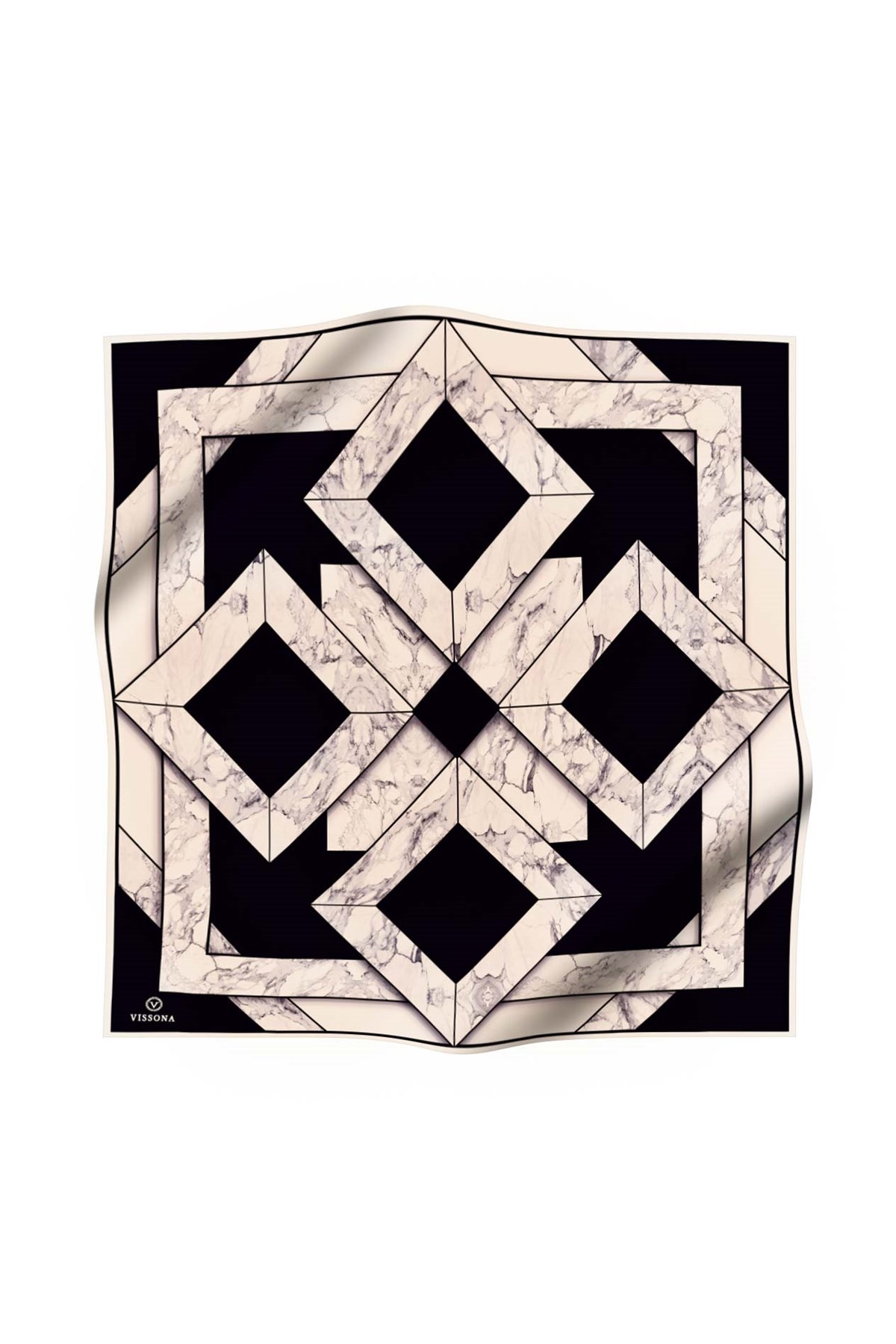 %100 Twill İpek Mermer Desenli Siyah - Krem Renkli 90x90 Eşarp Dikim Şekli : El Dikişi