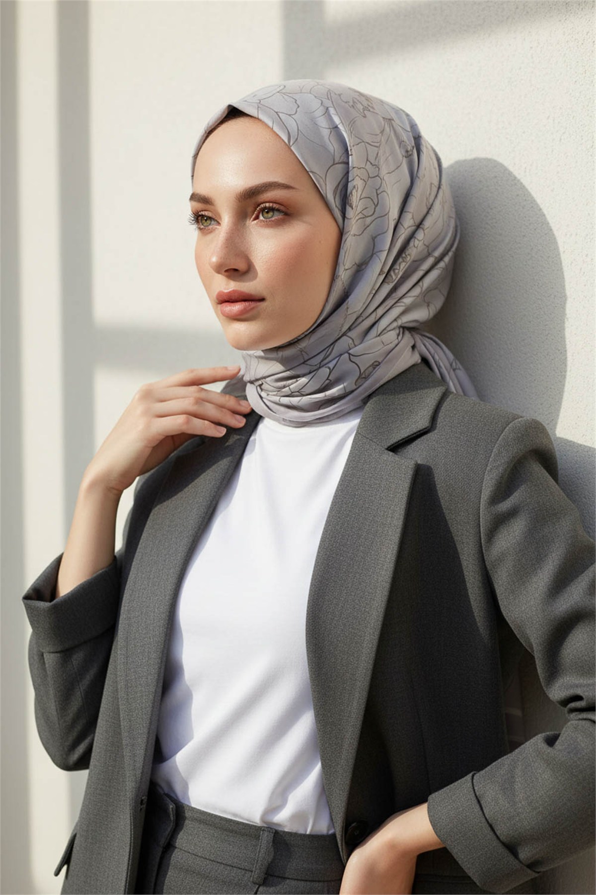 KREP ÇİÇEK DESENLİ GRİ RENKLİ 75X195 KIRIŞMAZ ŞAL