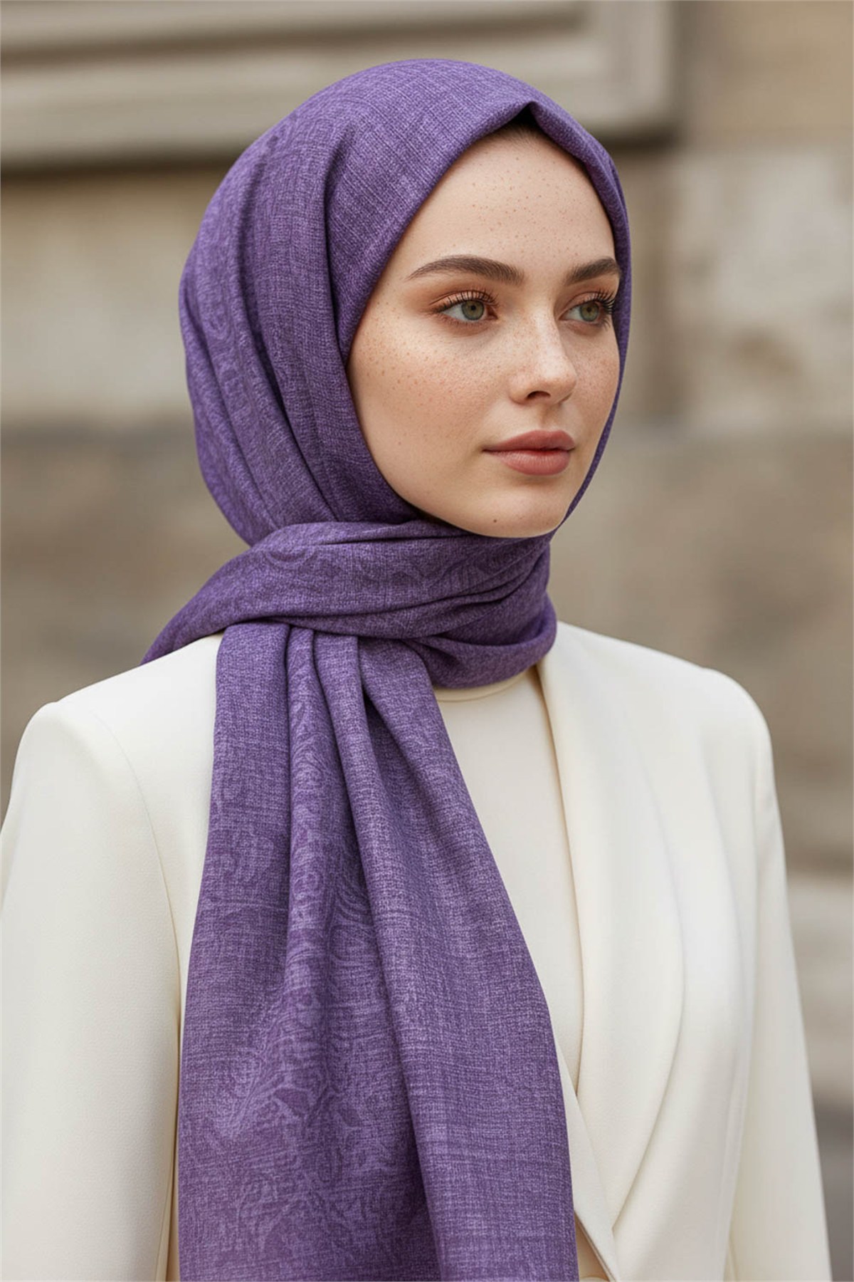 KREP DOKU DESENLİ LİLA RENKLİ 75X195 KIRIŞMAZ ŞAL