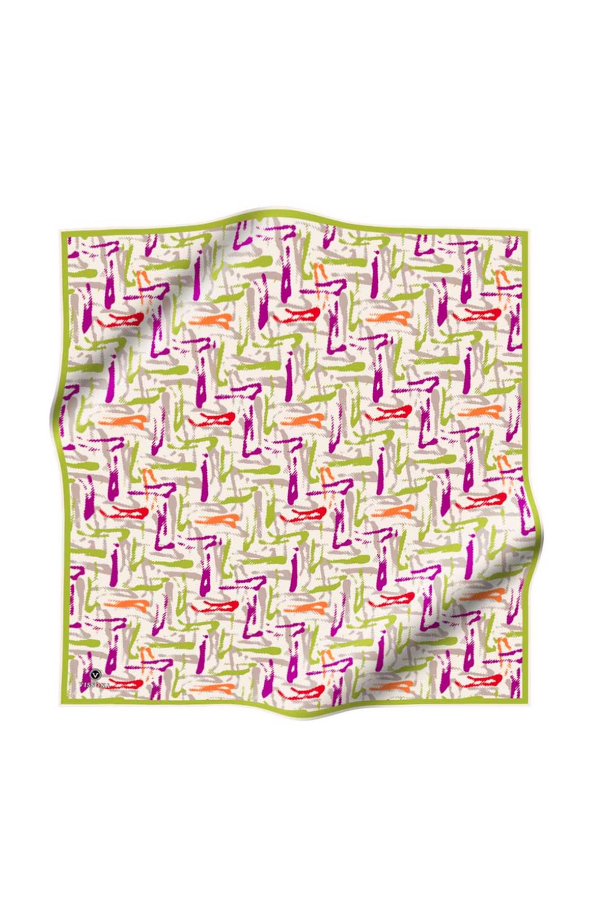 %100 Twill İpek Geometrik Desenli Fıstık Yeşili - Mürdüm Renkli 90x90 Eşarp Dikim Şekli : El Dikişi